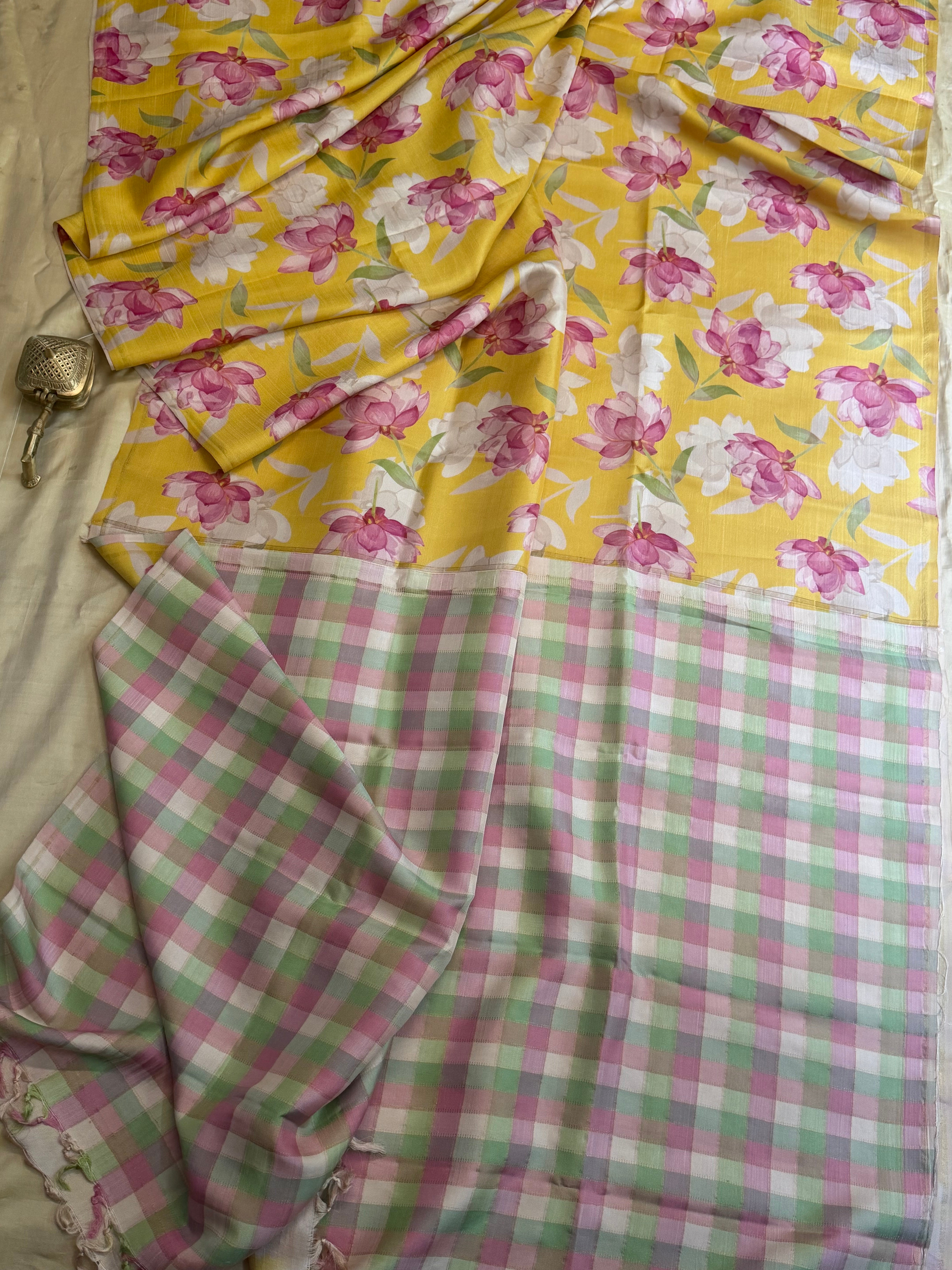 Floral digital printed / pure Zari Kanjipuram silk