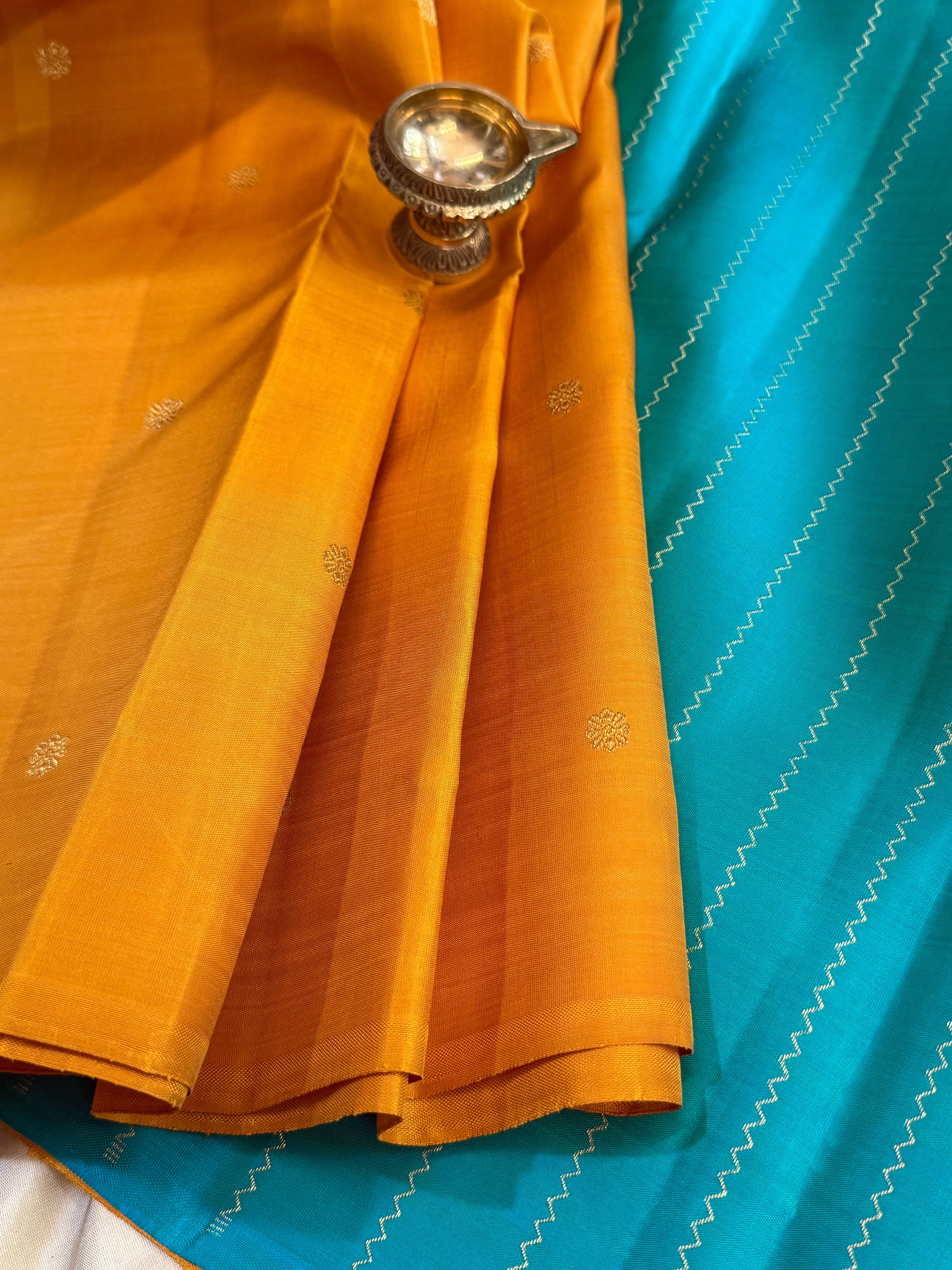 Partly pallu yellow and turquoise blue/ kanjipuram silk