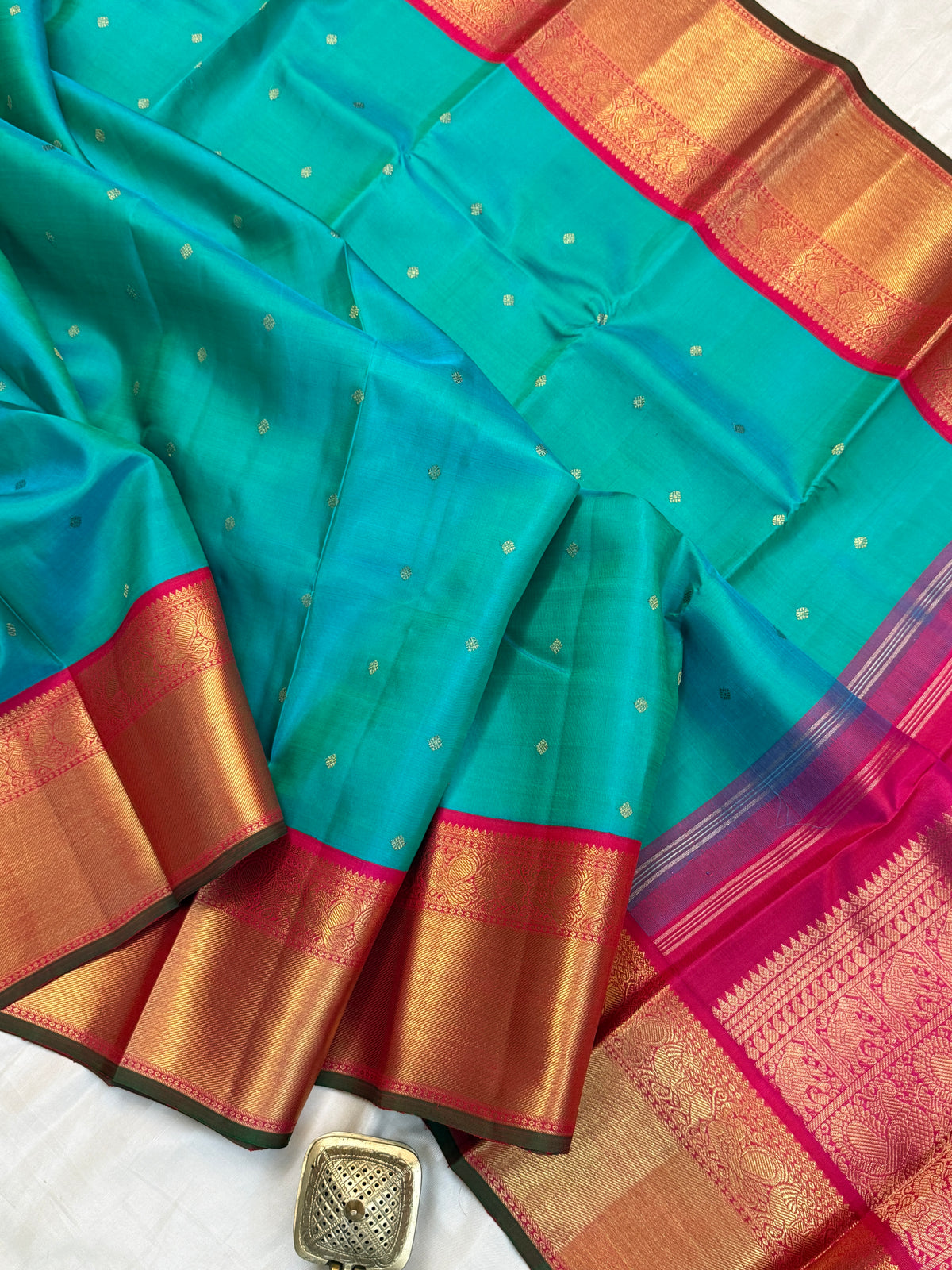 Turquoise blue and Korvai pure zari getti border