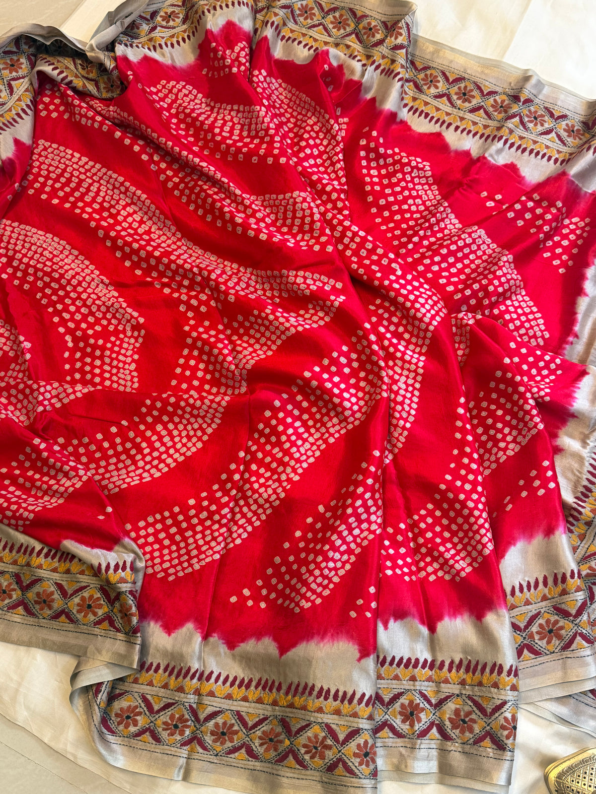 Reddish orange Bandhini with Kantha work in gajji silk