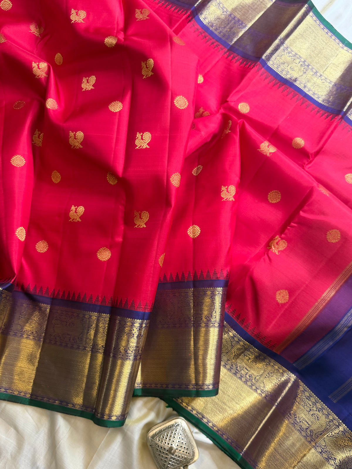 Red with blue Kai Korvai pure Kanjipuram silk