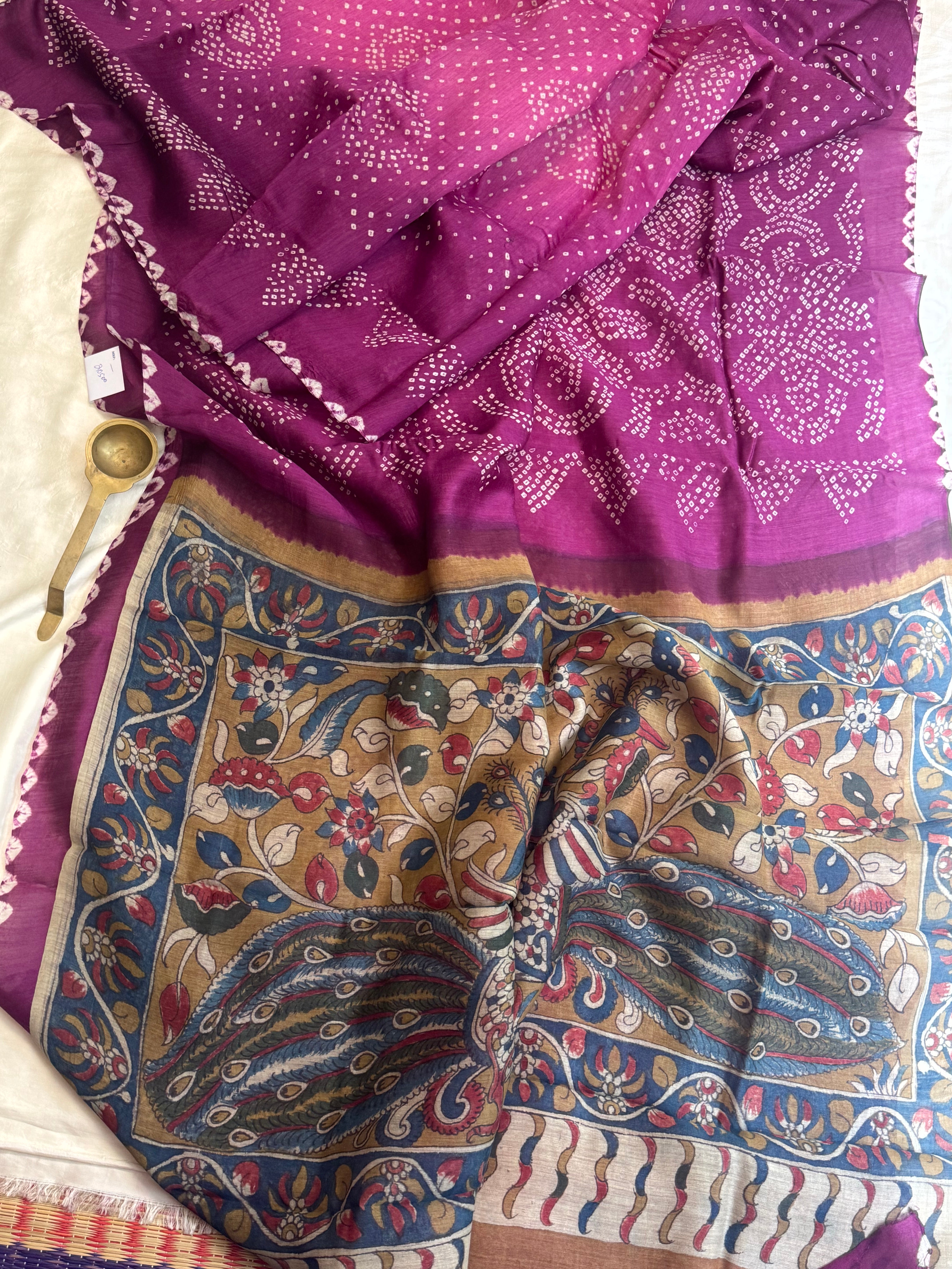 shaded gharchola Tussar Kalamkari Palla was / Bandhini saree