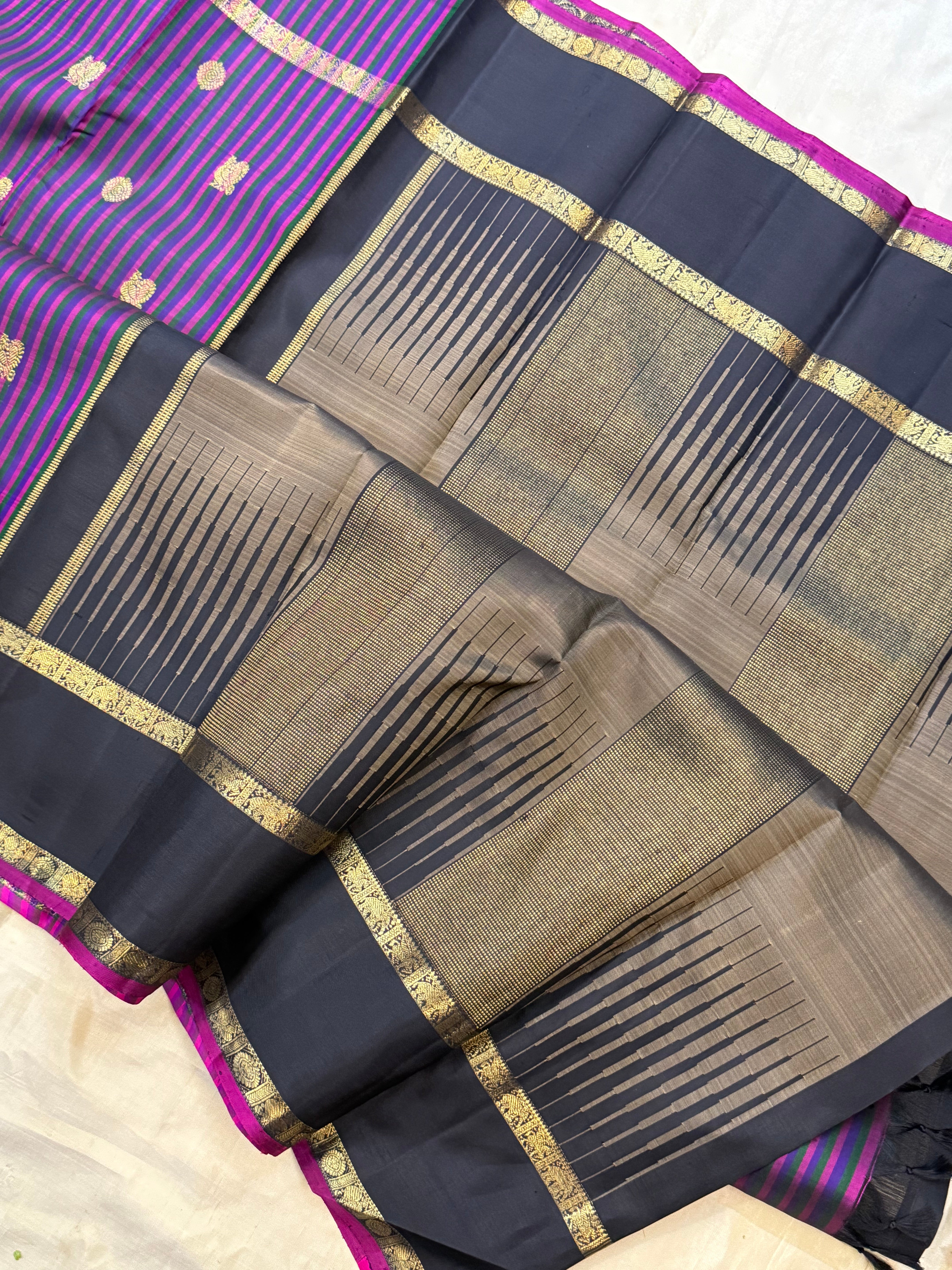 Deep purple multi colored stripes annam and chakram butta/ Kanjipuram silk