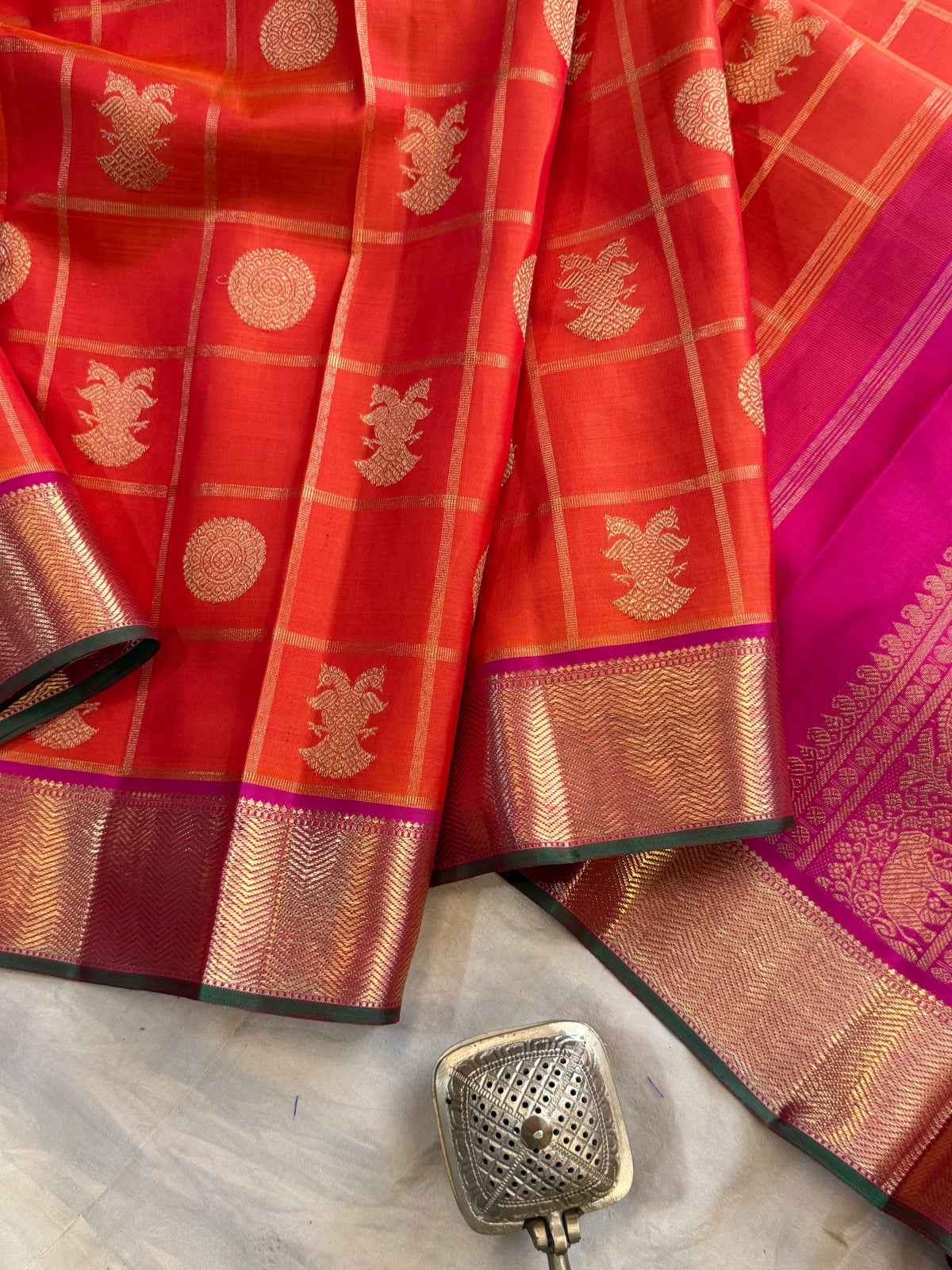 Orange Zari Kattam - pure Zari Kanjipuram silk