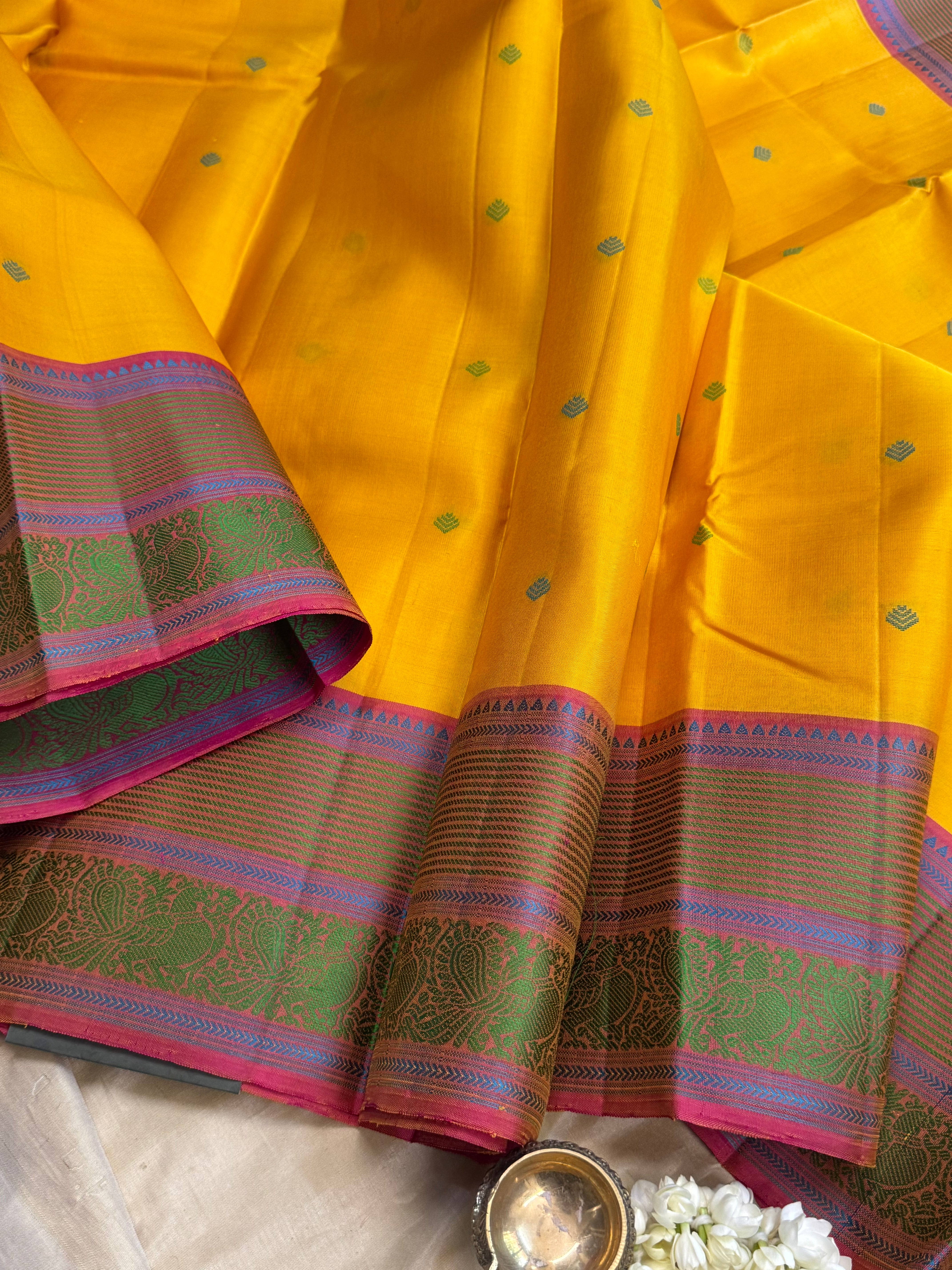 Yellow and pink double pet border / Varnangal soft silk