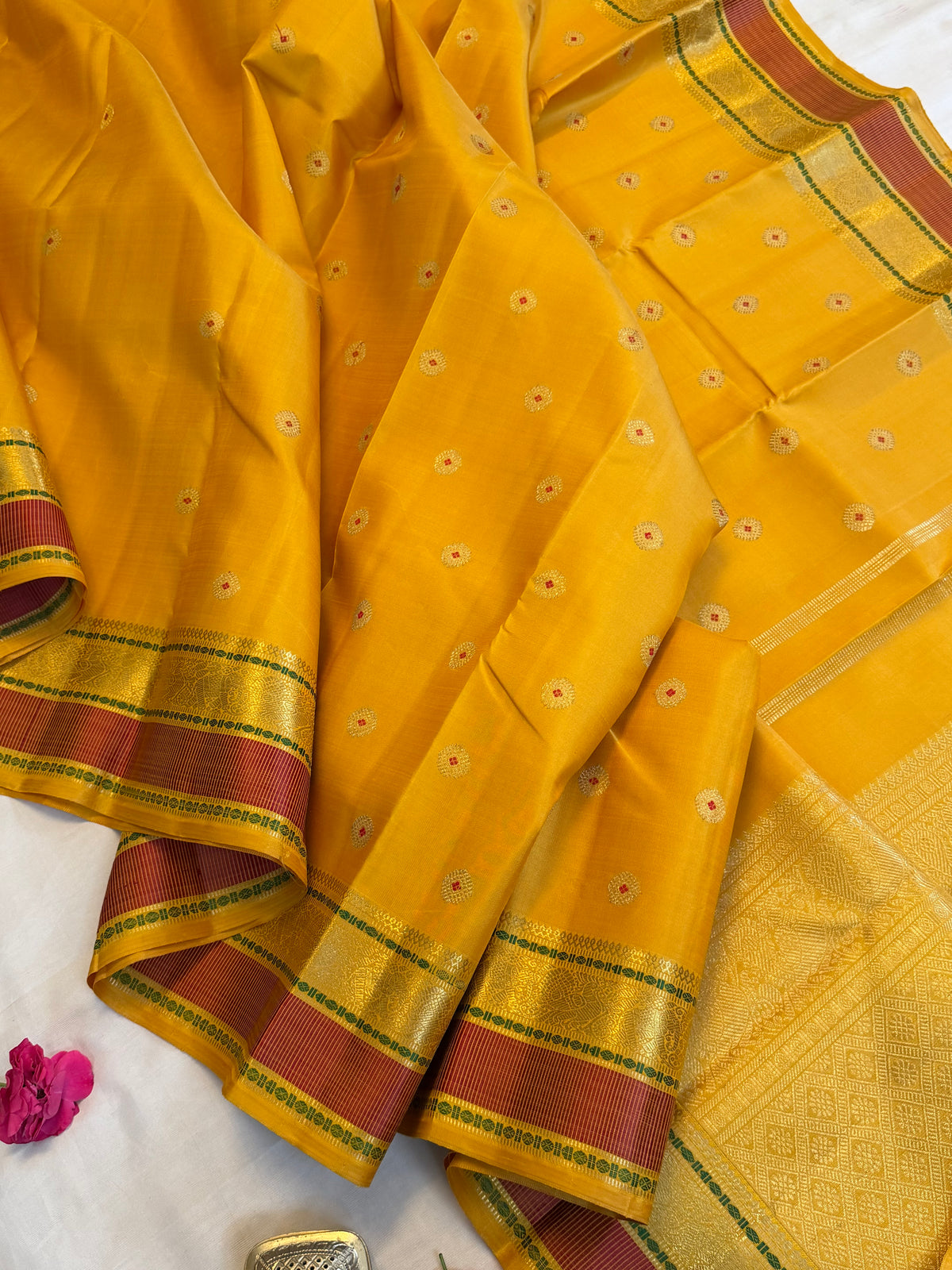 Yellow - Day 1 Navarthri colour pure Zari Kanjipuram silk / Meena work Butta