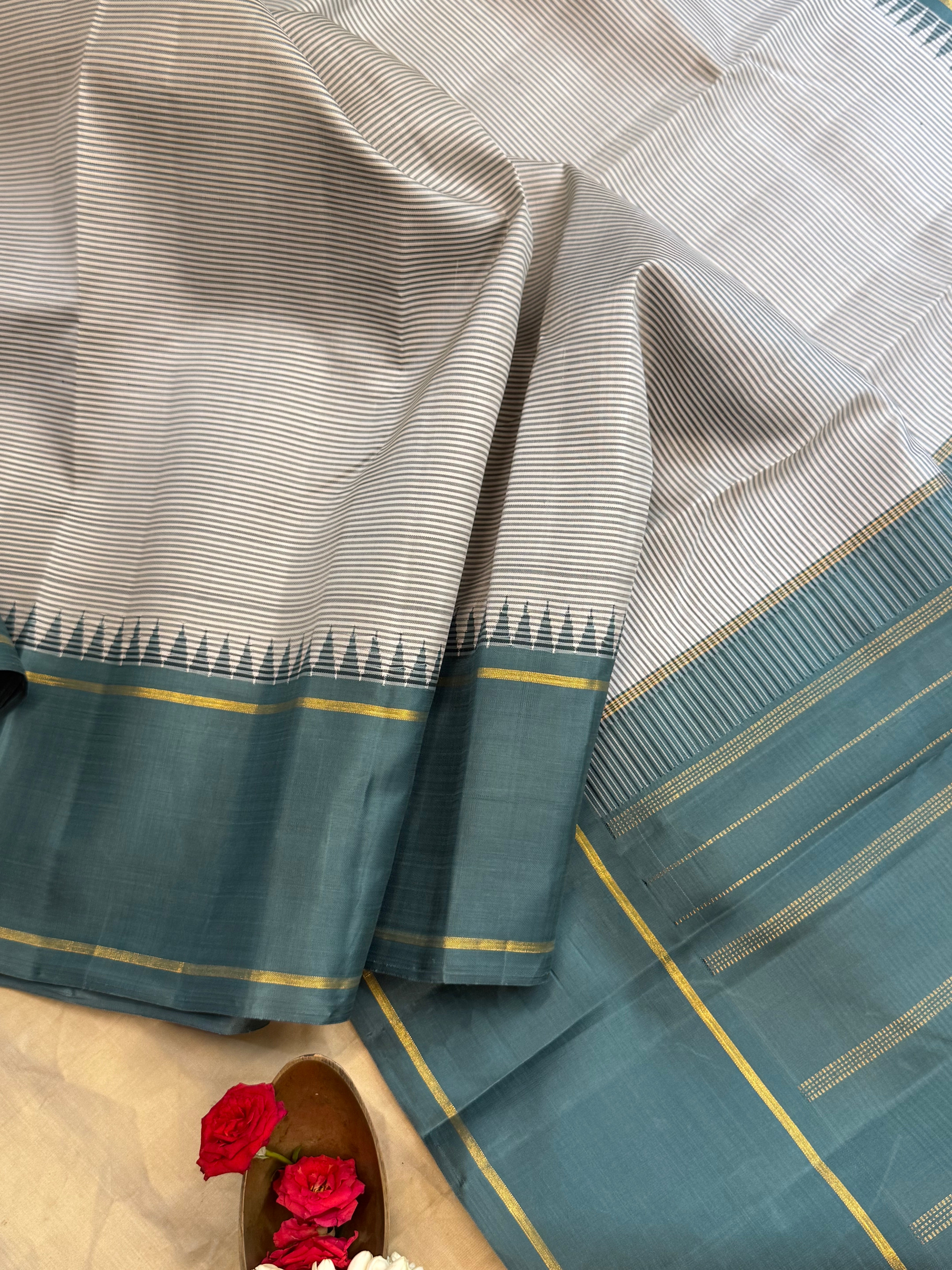 Grey and pastel blue korvai / Arani silk