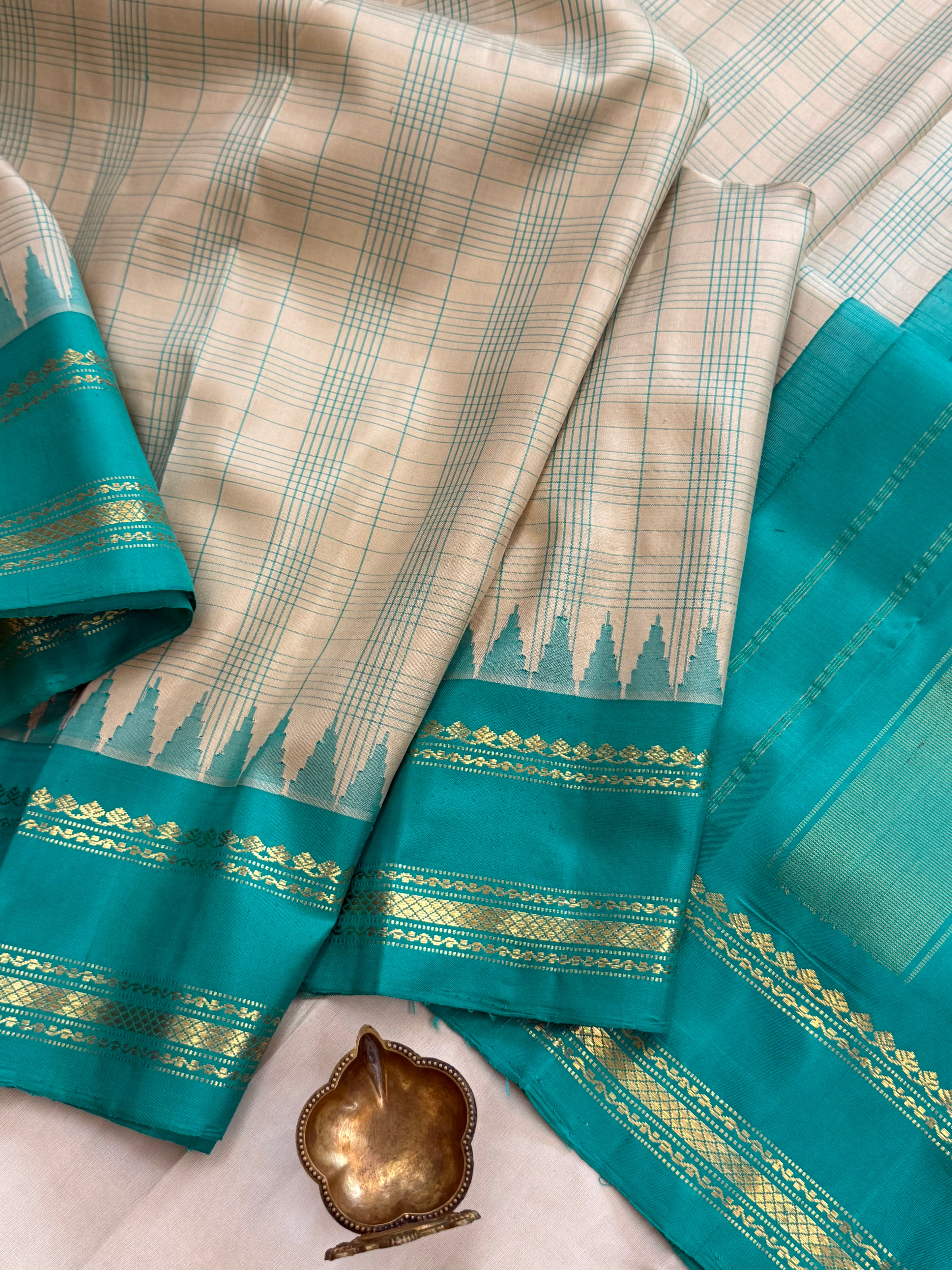 Cream body checks with ice blue temple border/Gadwal silk CLSA11292