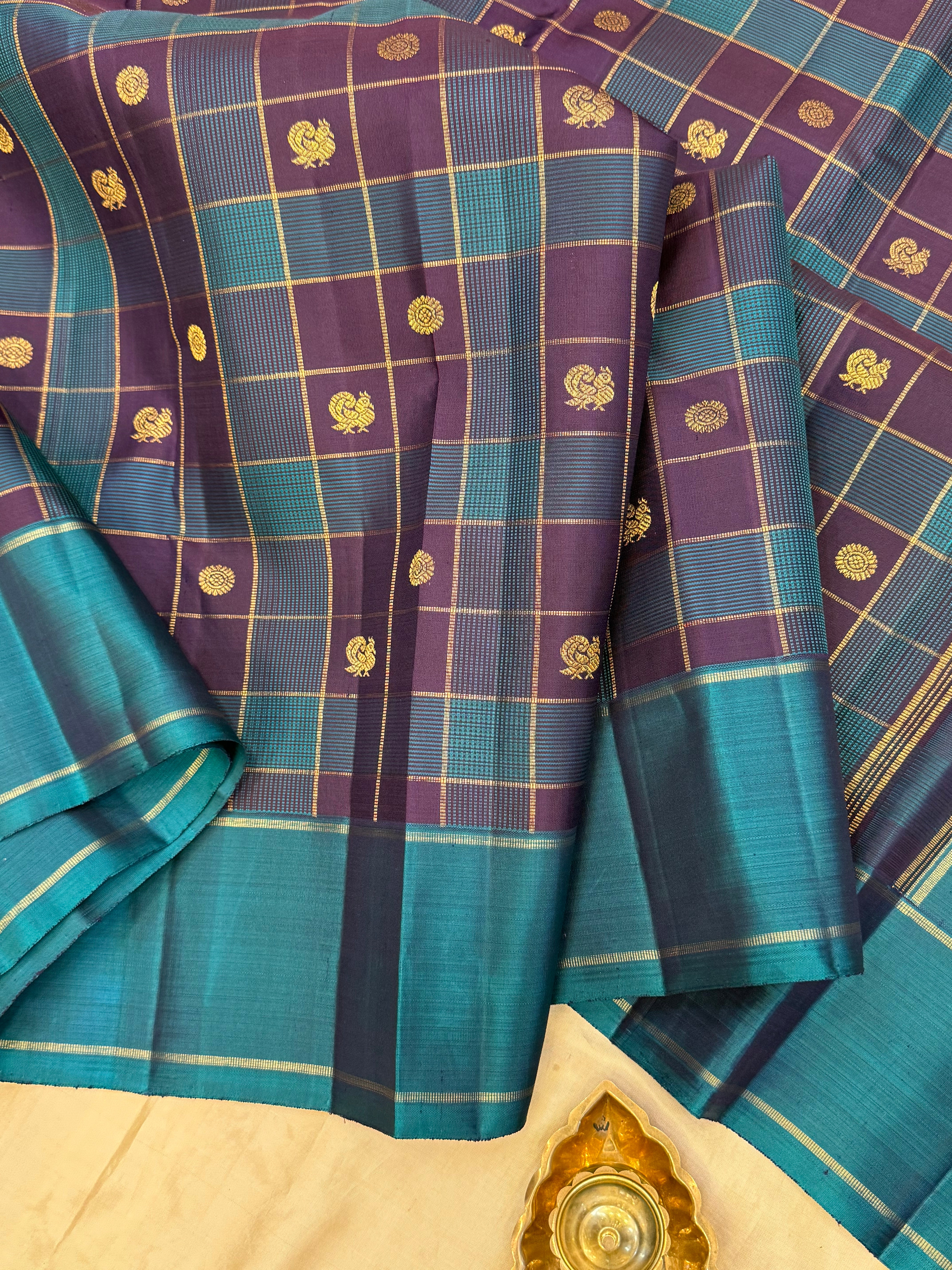 Teal green and purple Muthu Kattam annam chakram Butta / kanjipuram silk saree CLSA10776
