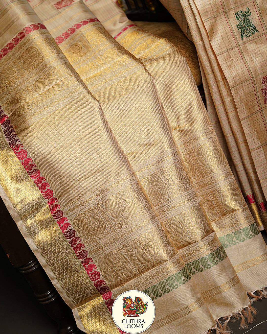 Alankar / vintage recreated golden off white Kattam Butta saree kanjipuram silk