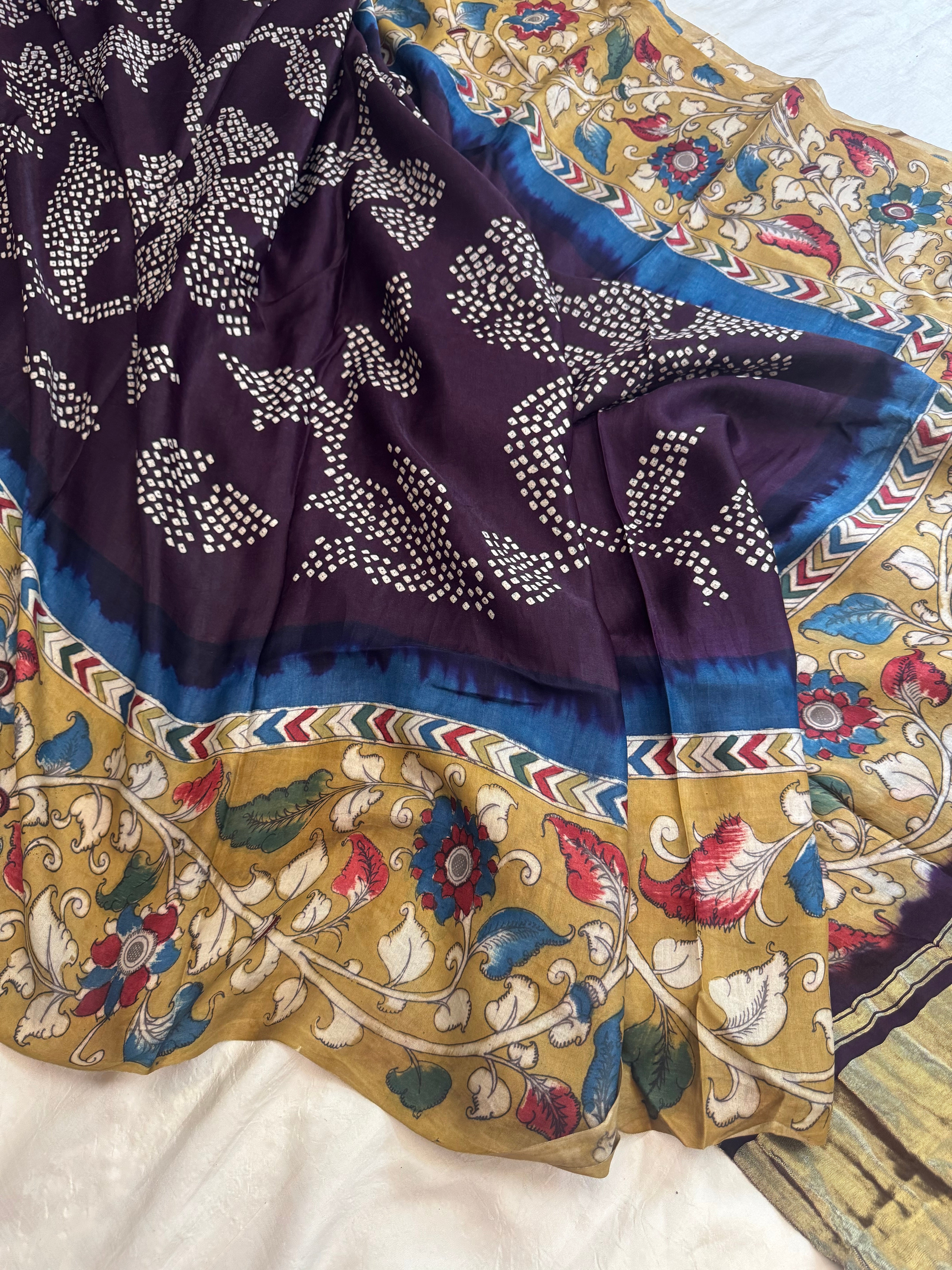 Gajji silk border Kalamkari / Bandhini saree