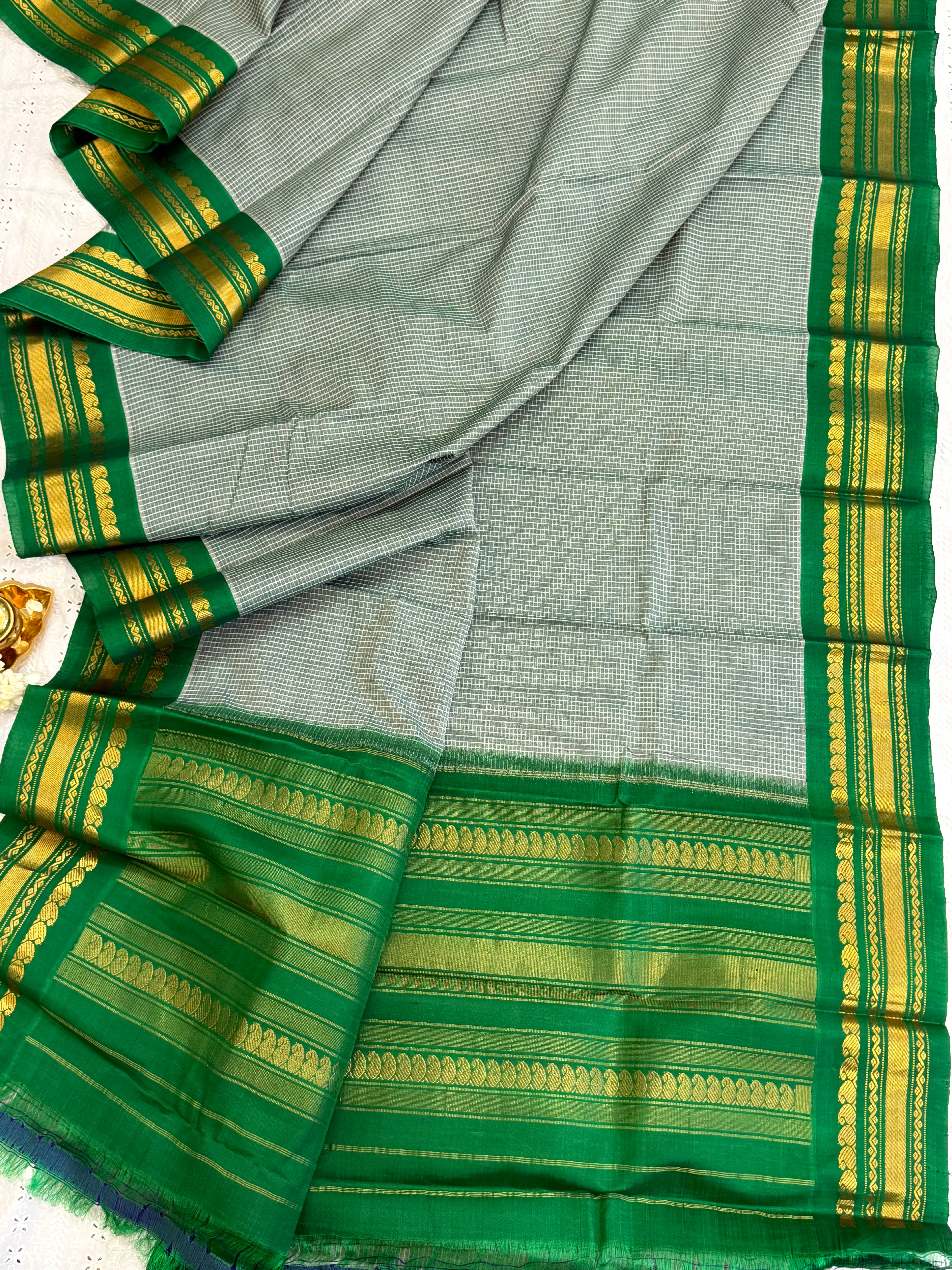 Grey and green / Gadwal cotton - No Blouse CLSA7373
