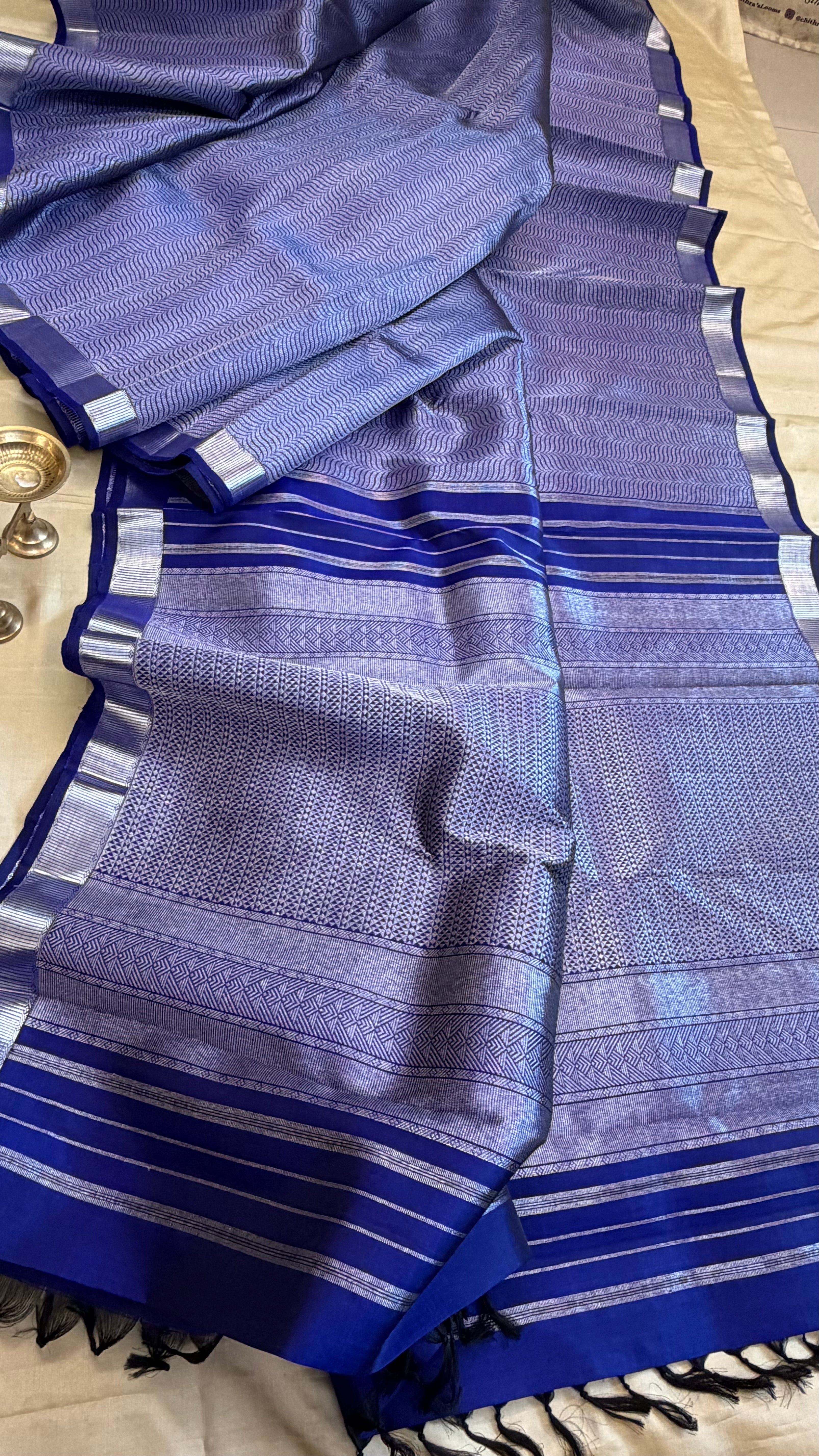 Blue silver vanki pattern / Kanjipuram Silk