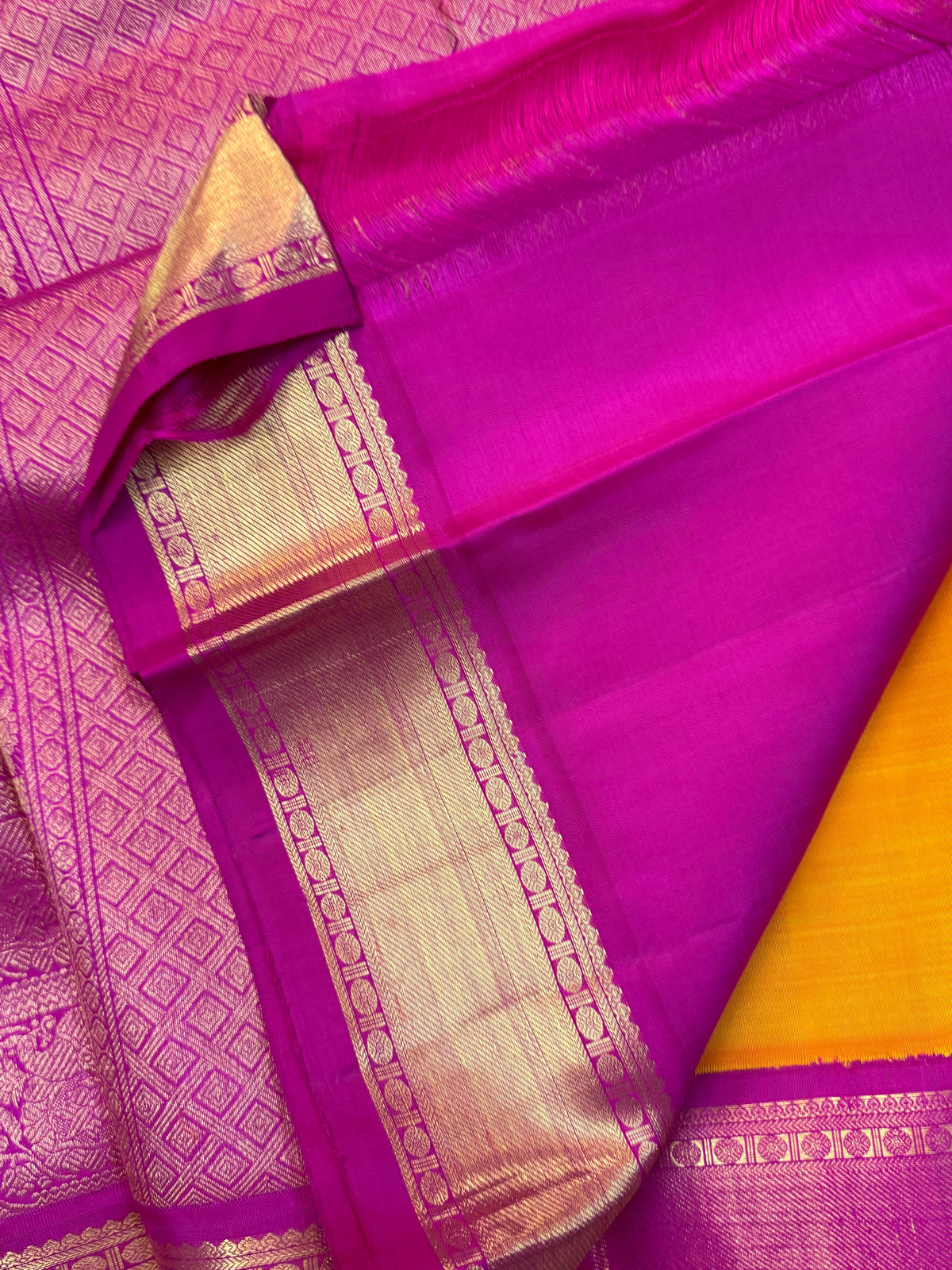 Mango yellow and pink border Korvai/Aarani silk saree clsa 6689