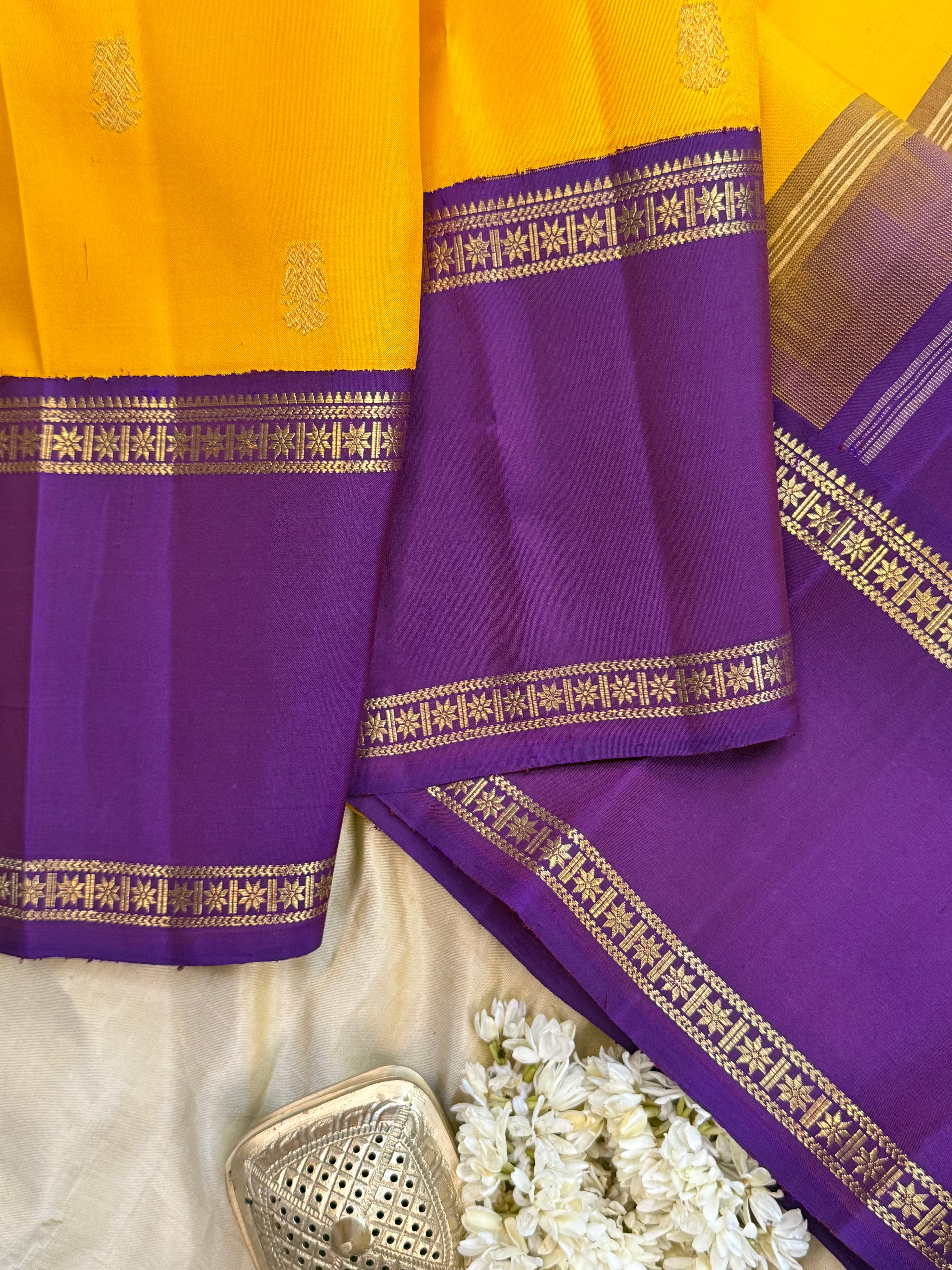 Manjal and purple rettapet border kai korvai/ Kanjipuram silk