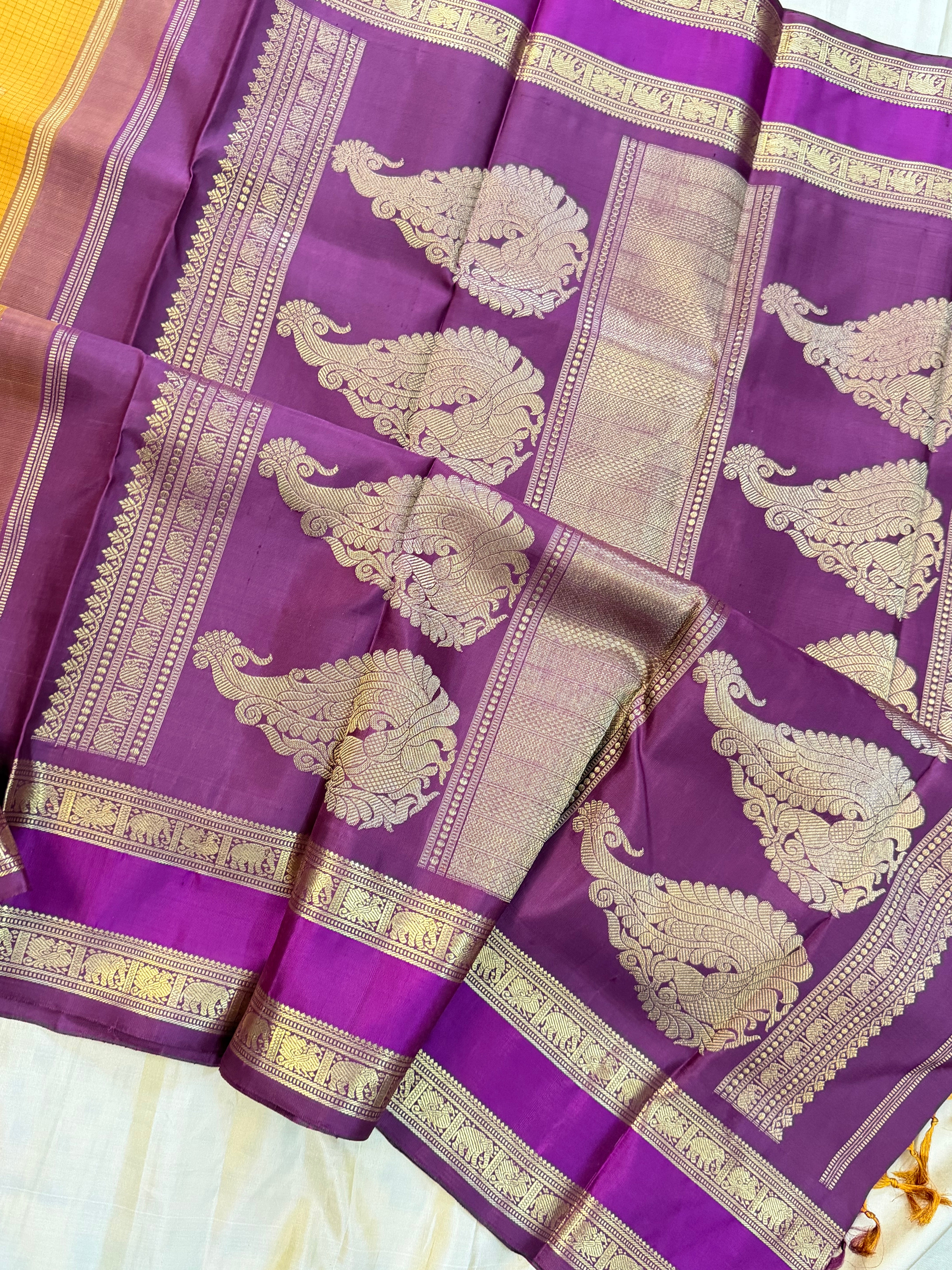Mustard vintage retta pet Korvai / pure Kanjipuram silk