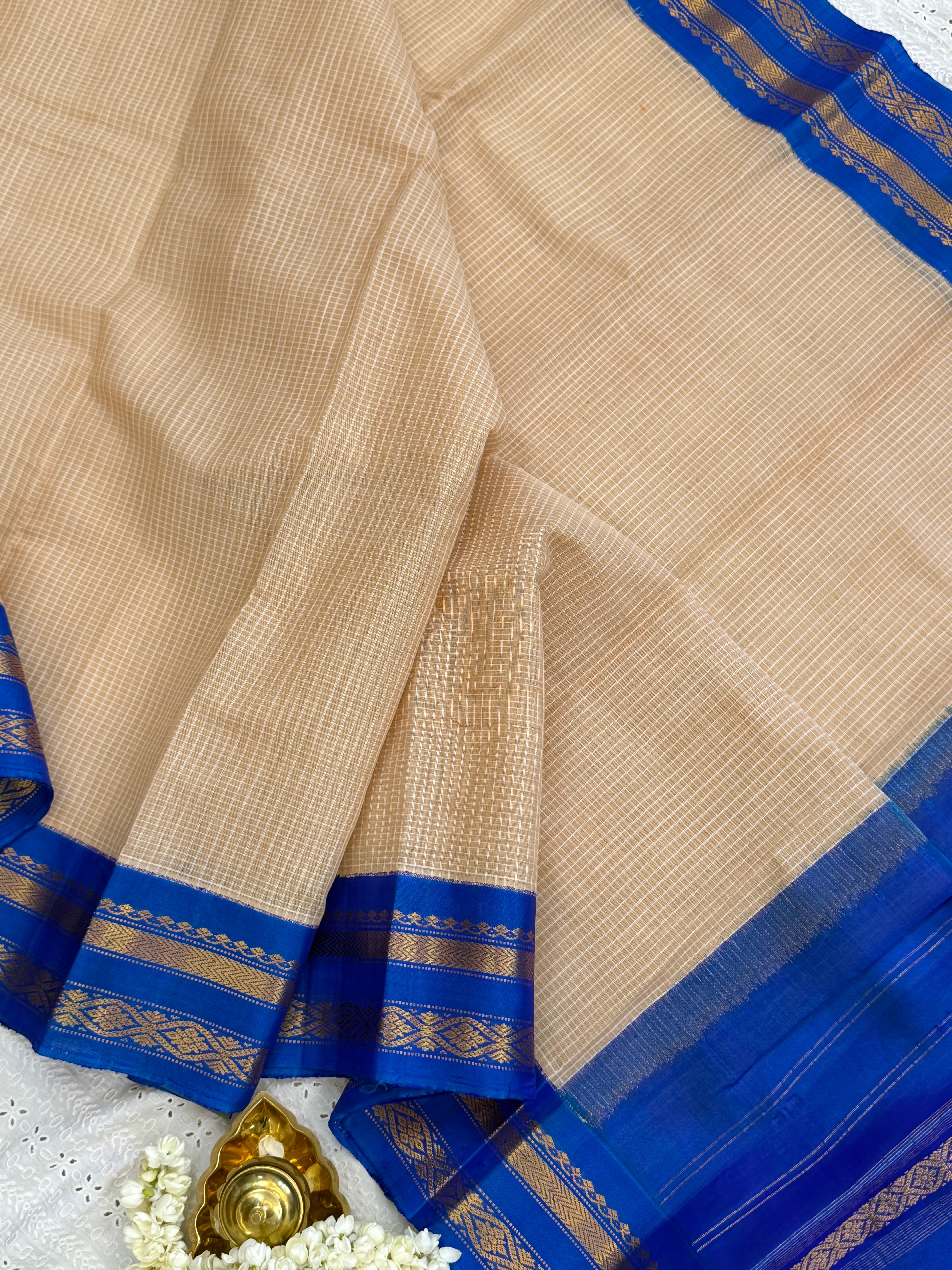 Beige and blue / Gadwal cotton - No Blouse CLSA9308