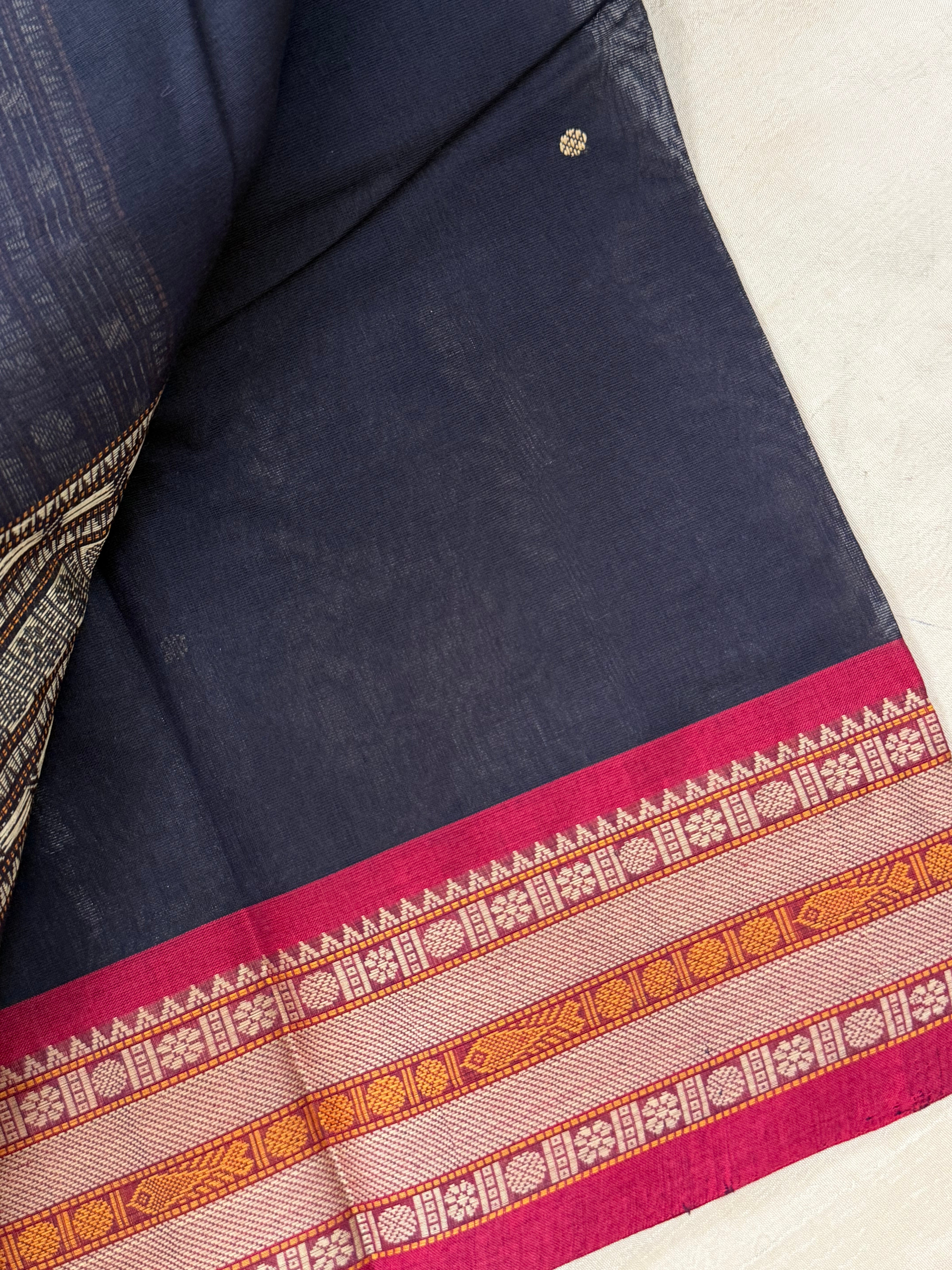 Deep blue and red unique pallu/ Kanchi Cotton