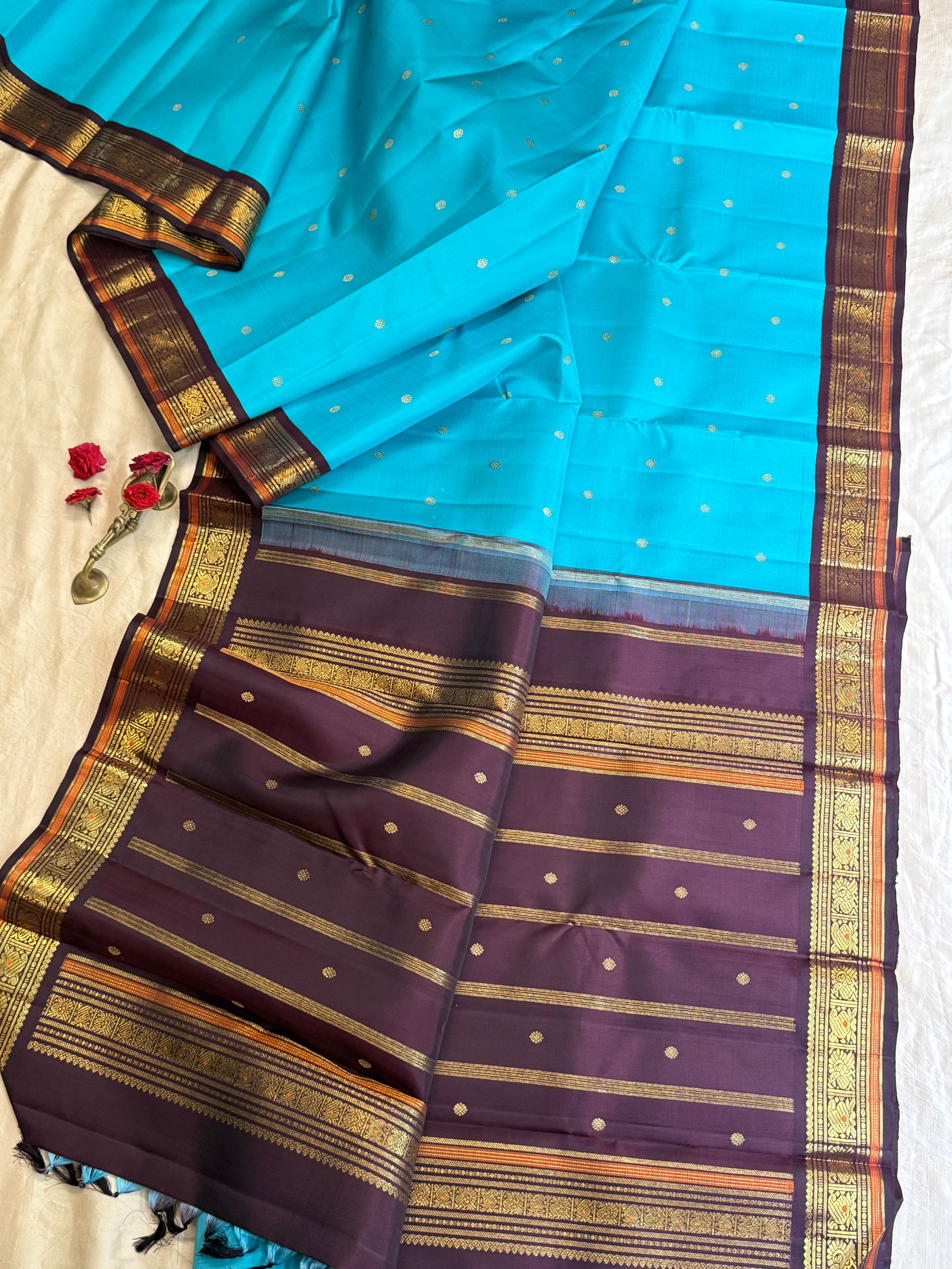 Aqua blue and brown kai korvai/ Kanjipuram silk