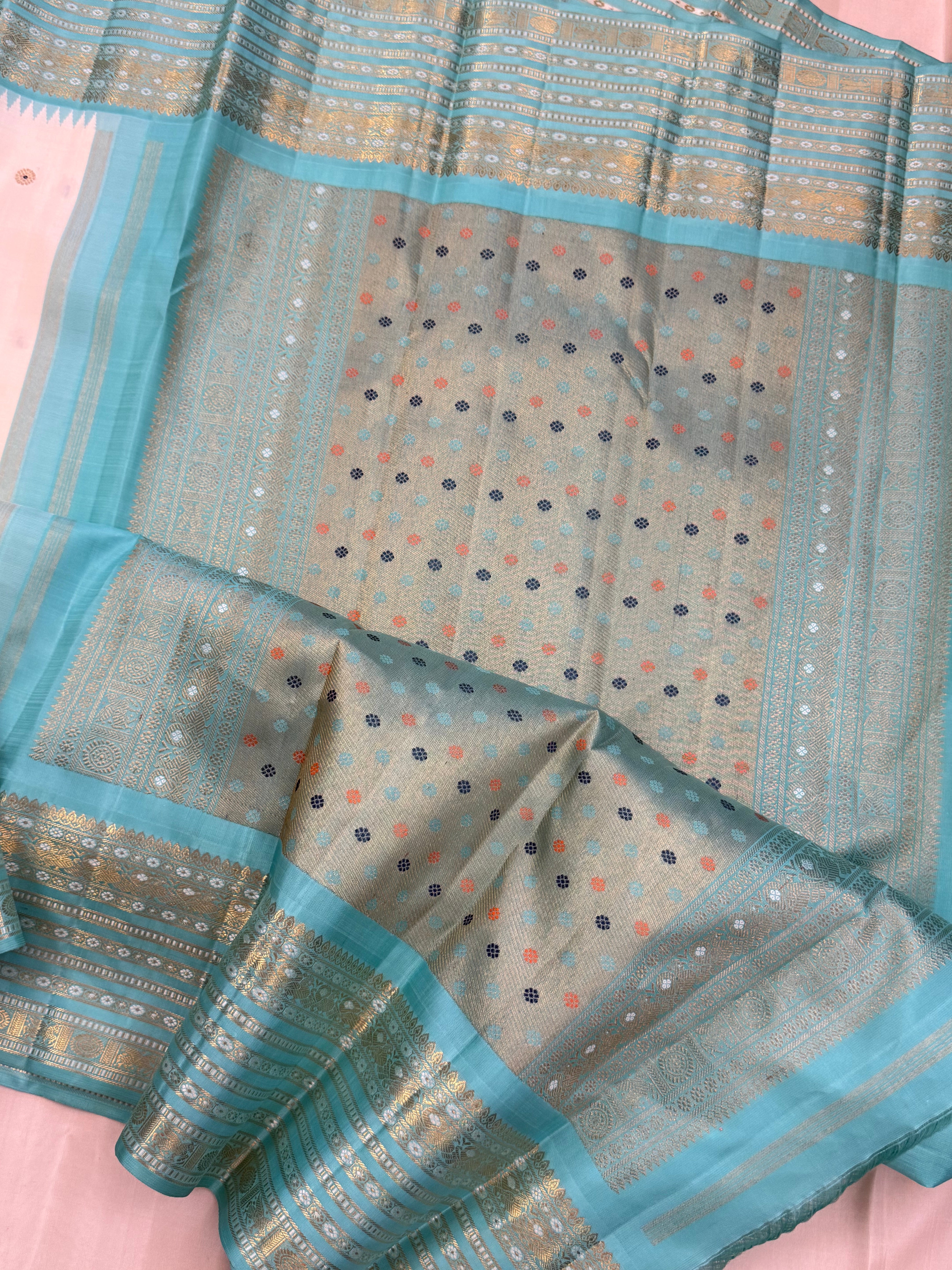 Off white with aqua blue Meenakari Butta with varisapet border Korvai / kanjipuram silk saree