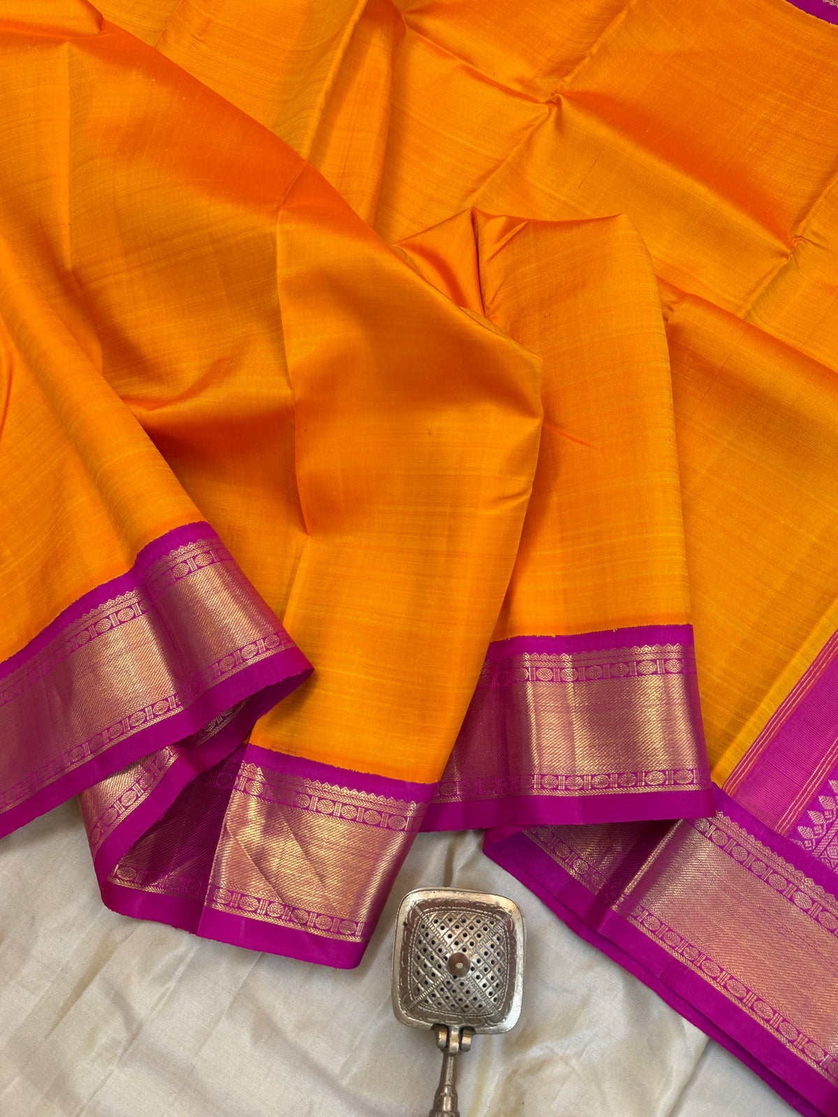 Mango yellow and pink border Korvai/Aarani silk saree clsa 6689
