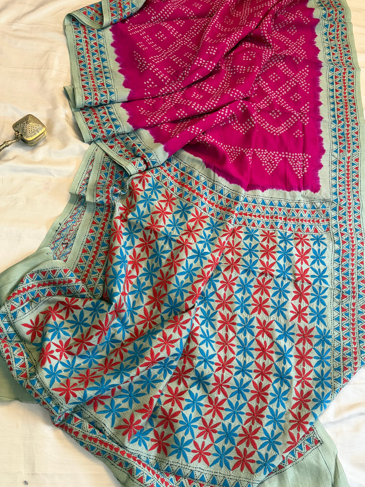 Pink Bandhini with Kantha work in silk