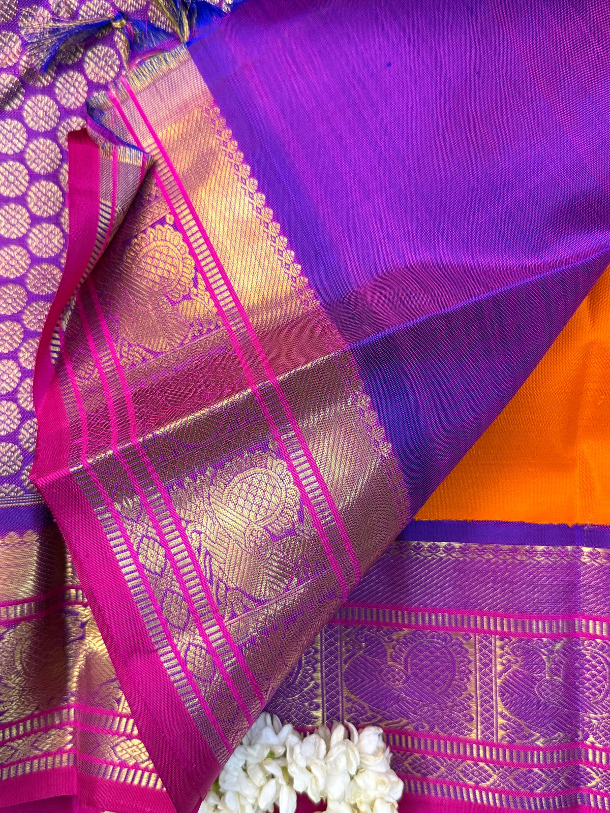 Navarathri - Day 5 Orange Colour pure Zari butta Korvai /Kanjipuram silk sree Clsa 7737