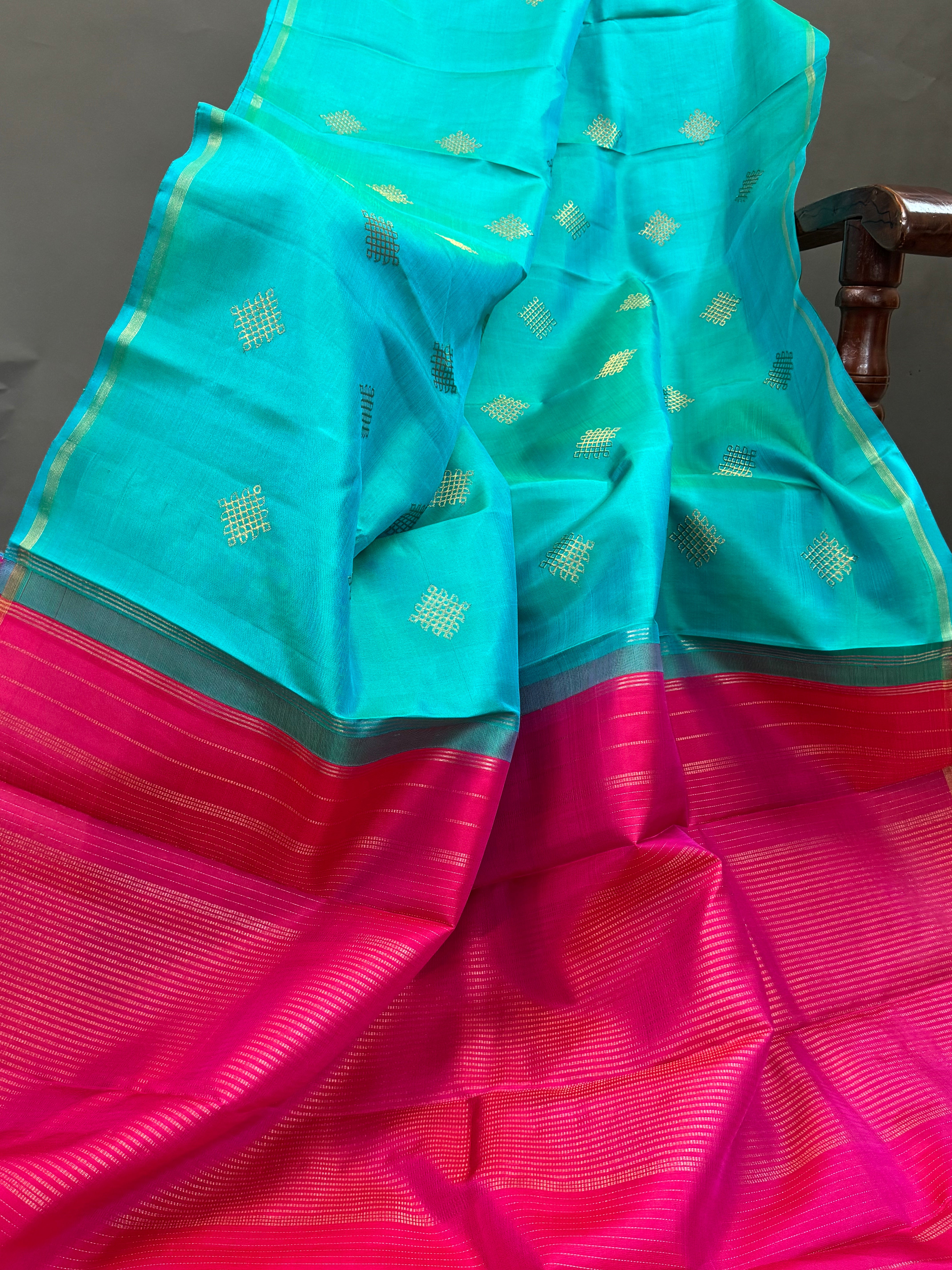 Sea blue Kolam Butta Borderless kanjipuram silk saree