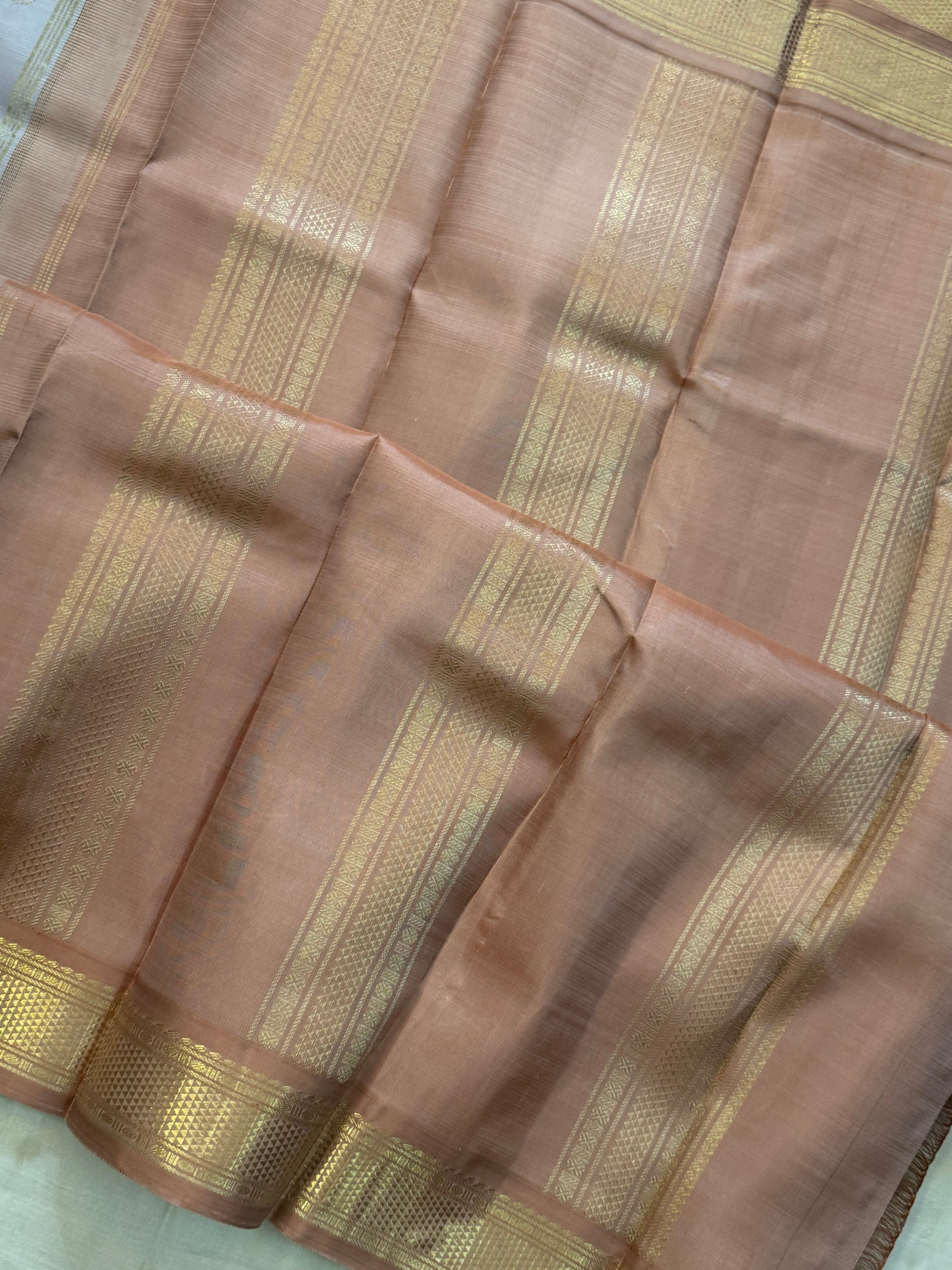 Onam collection: beige silver kai Korvai / pure zari Kanjipuram silk