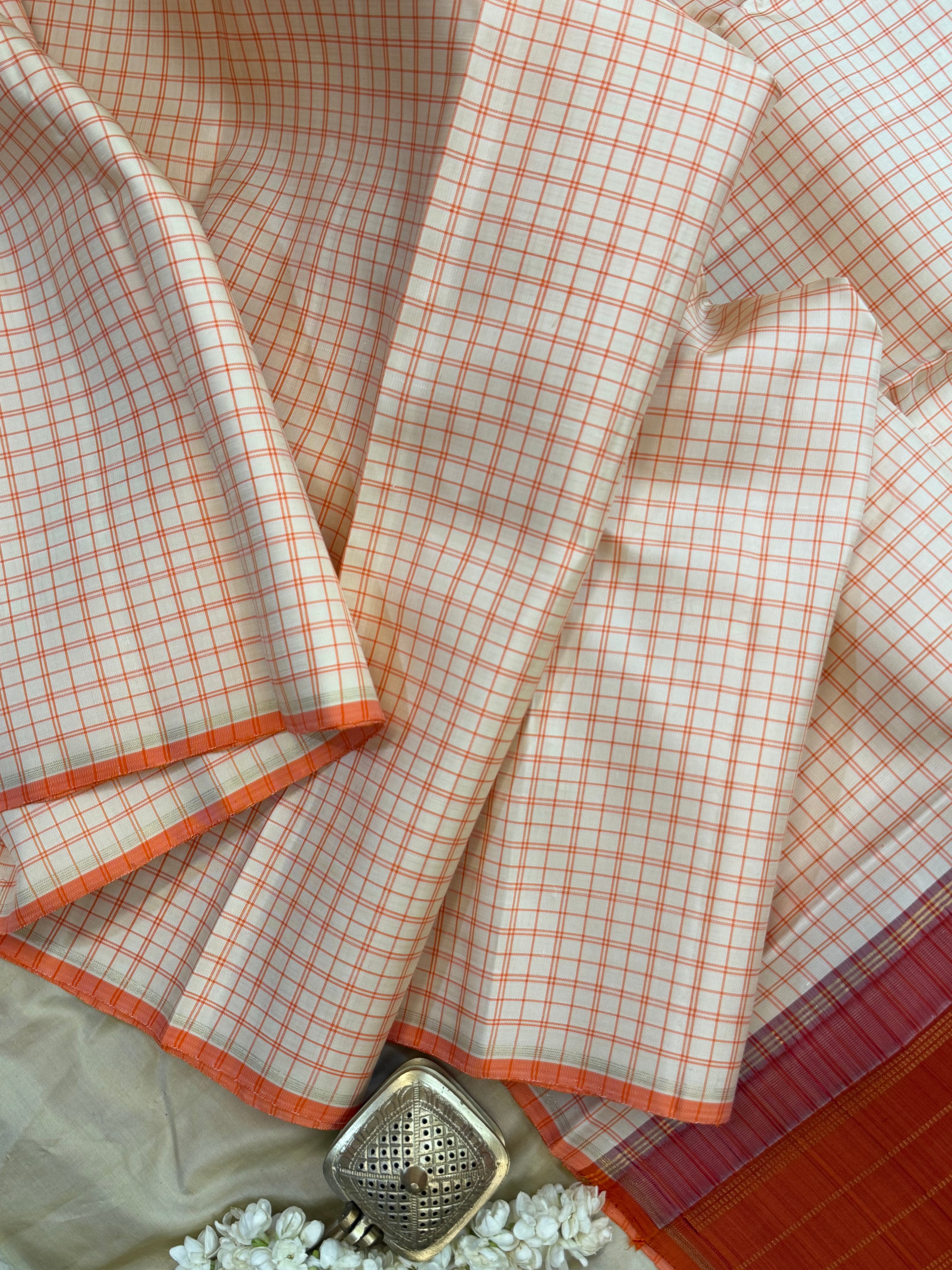 Offwhite and orange checks / Kanjipuram silk