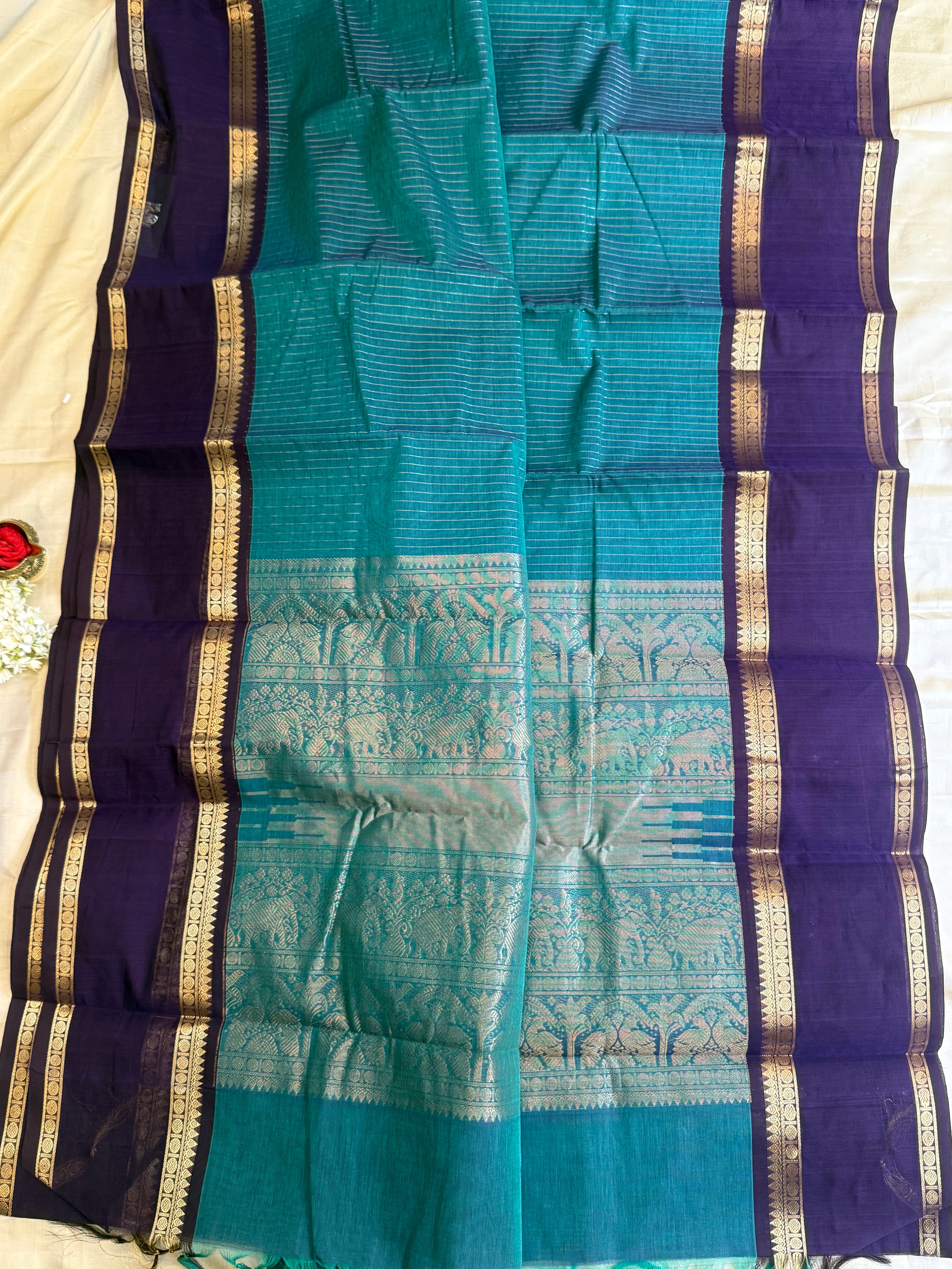 Rama green and dark purple rettapet border/ Kanchi Cotton