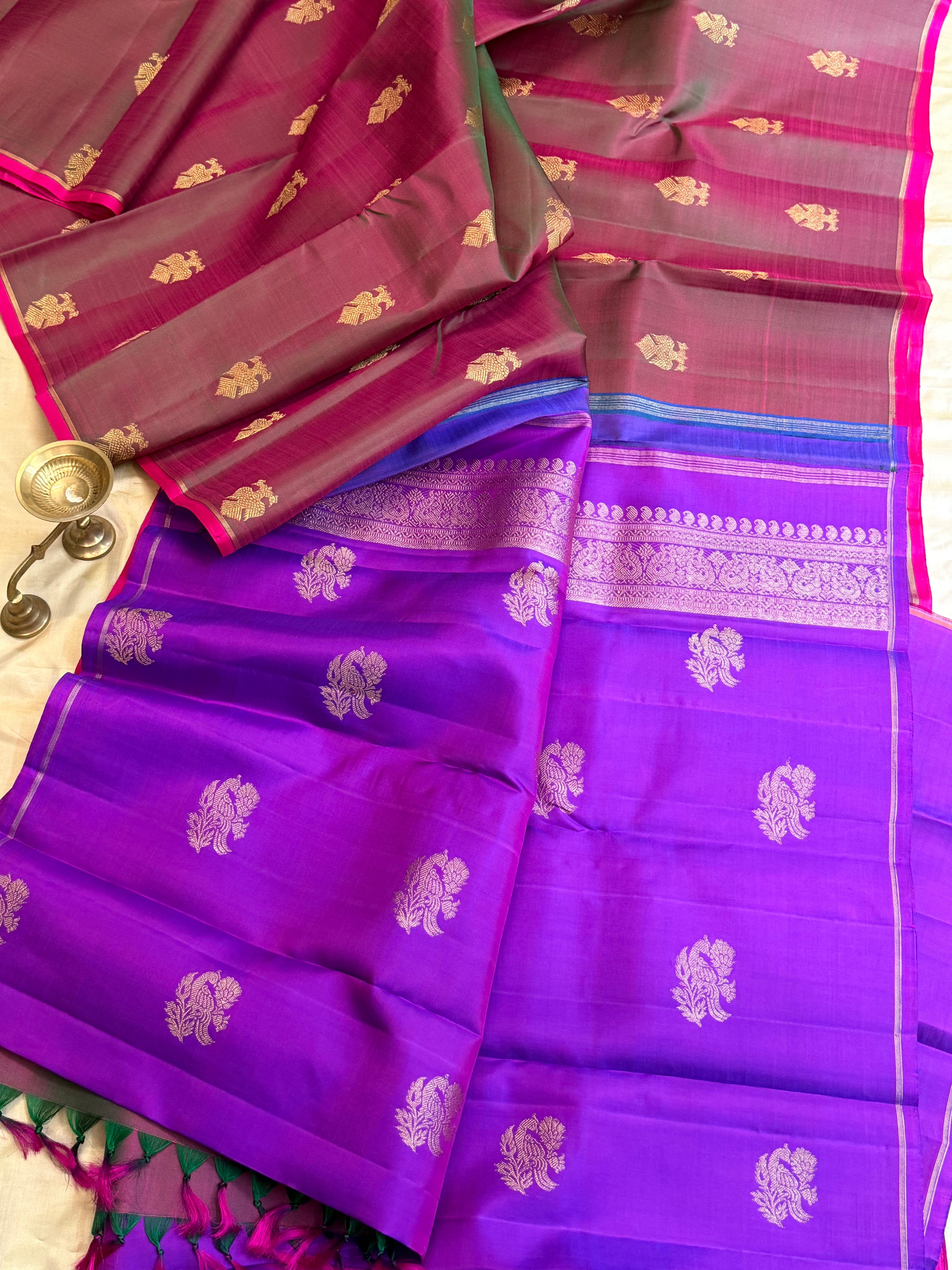 Brown shot purple Iruthalaipakshi/ Kanjipuram silk