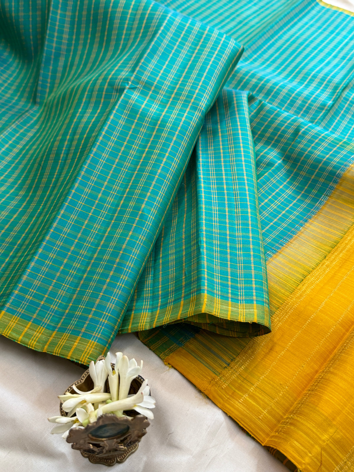 Green and mustard kattam borderless/ Kanjipuram silk CLSA10923