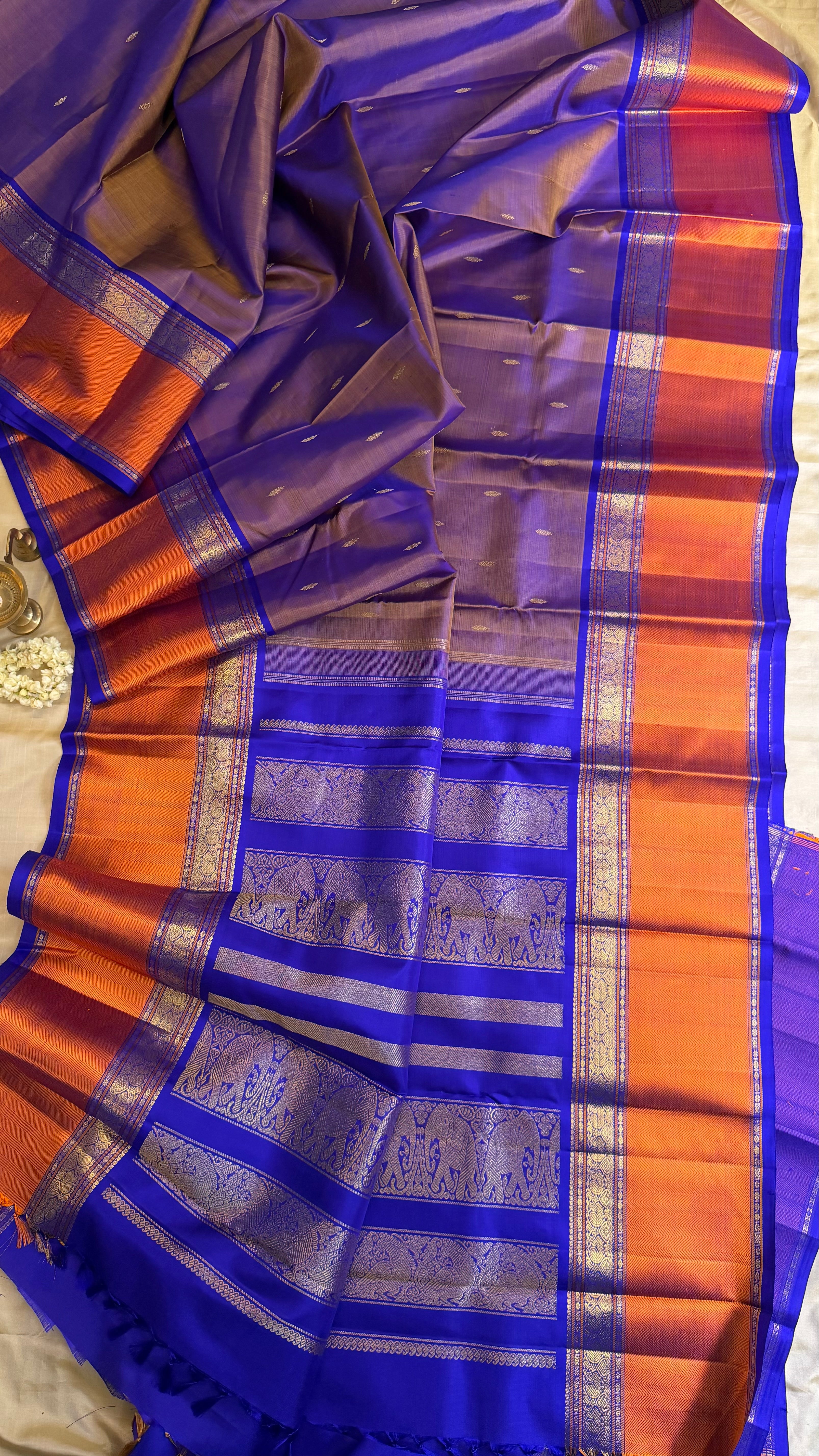 Master weaver - purple shot chocolate brown and rust border / Kanjipuram Silk