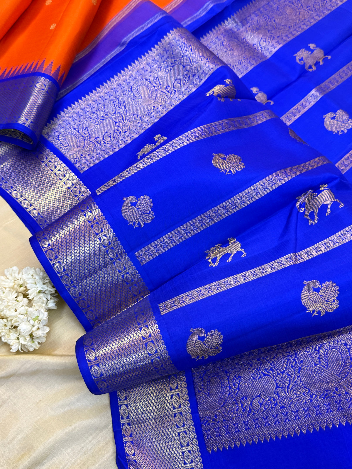 Navarathri - Day 5 Orange Colour pure Zari butta Korvai /Kanjipuram silk sree Clsa 4445