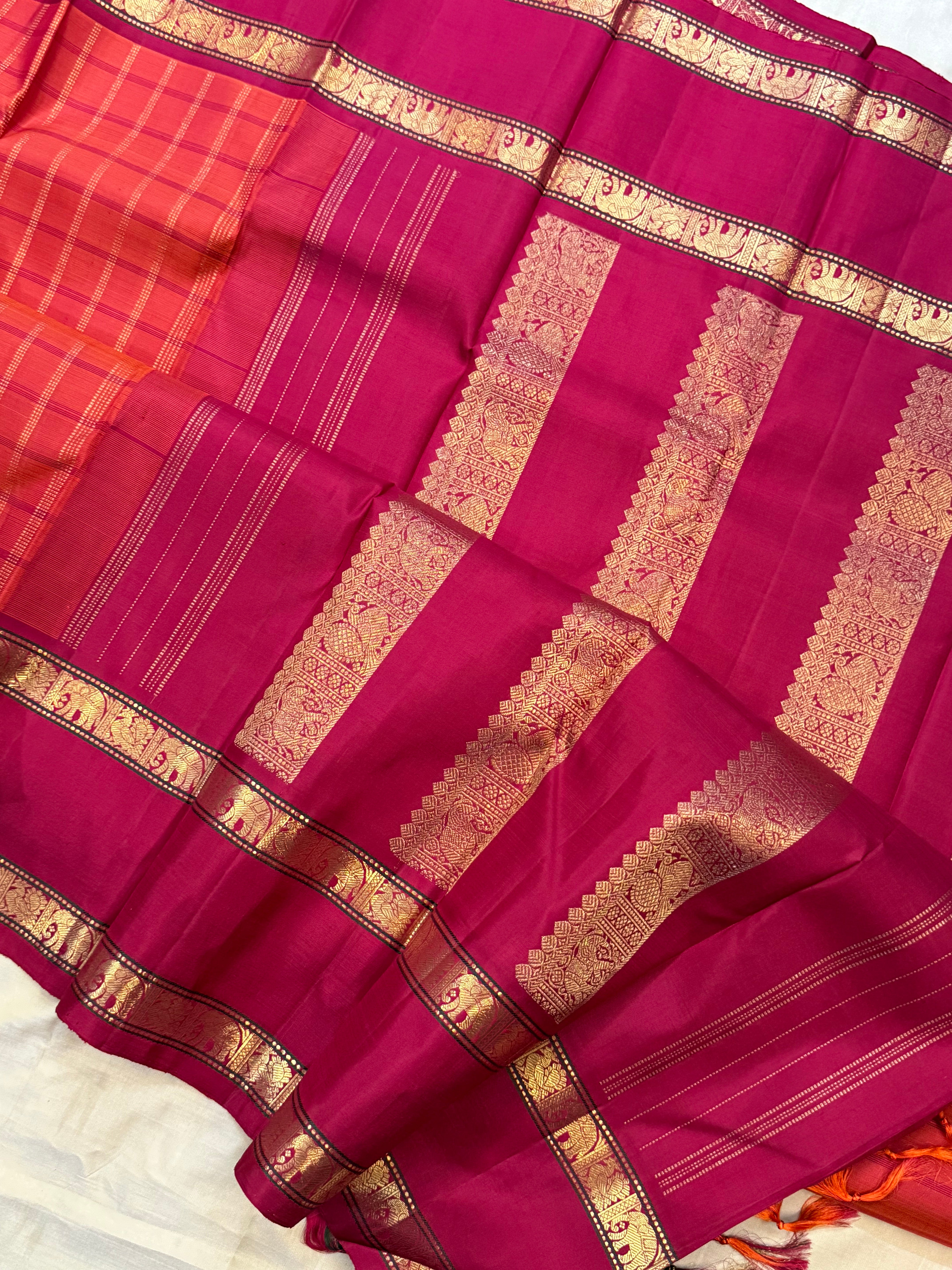 Rustic orange and Red kattam rettapet border/ Kanjipuram silk
