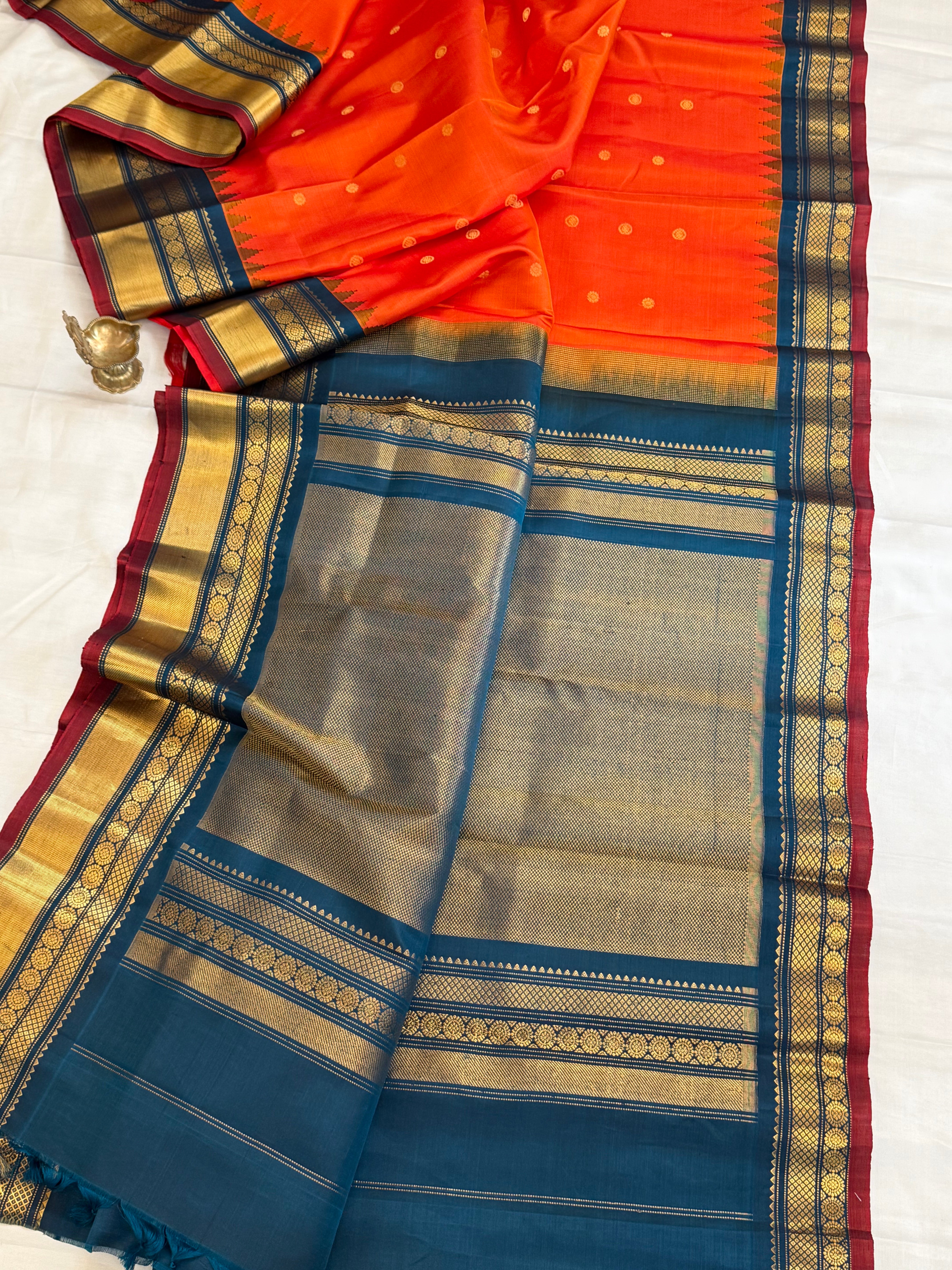 Orange body chakram Butta teal blue border/ Gadwal silk CLSA11304