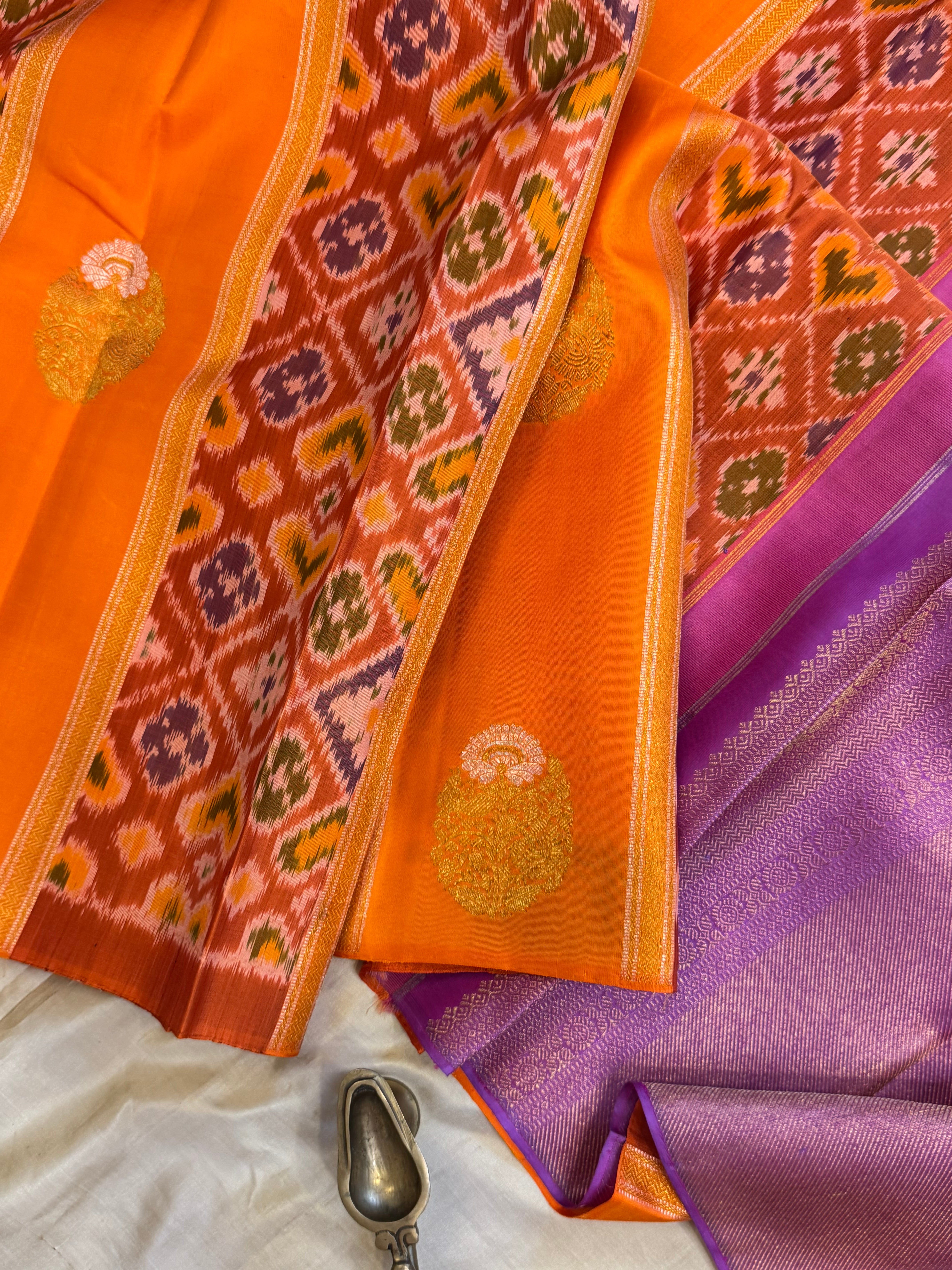 Orange Ikkat fusion kanjipuram saree