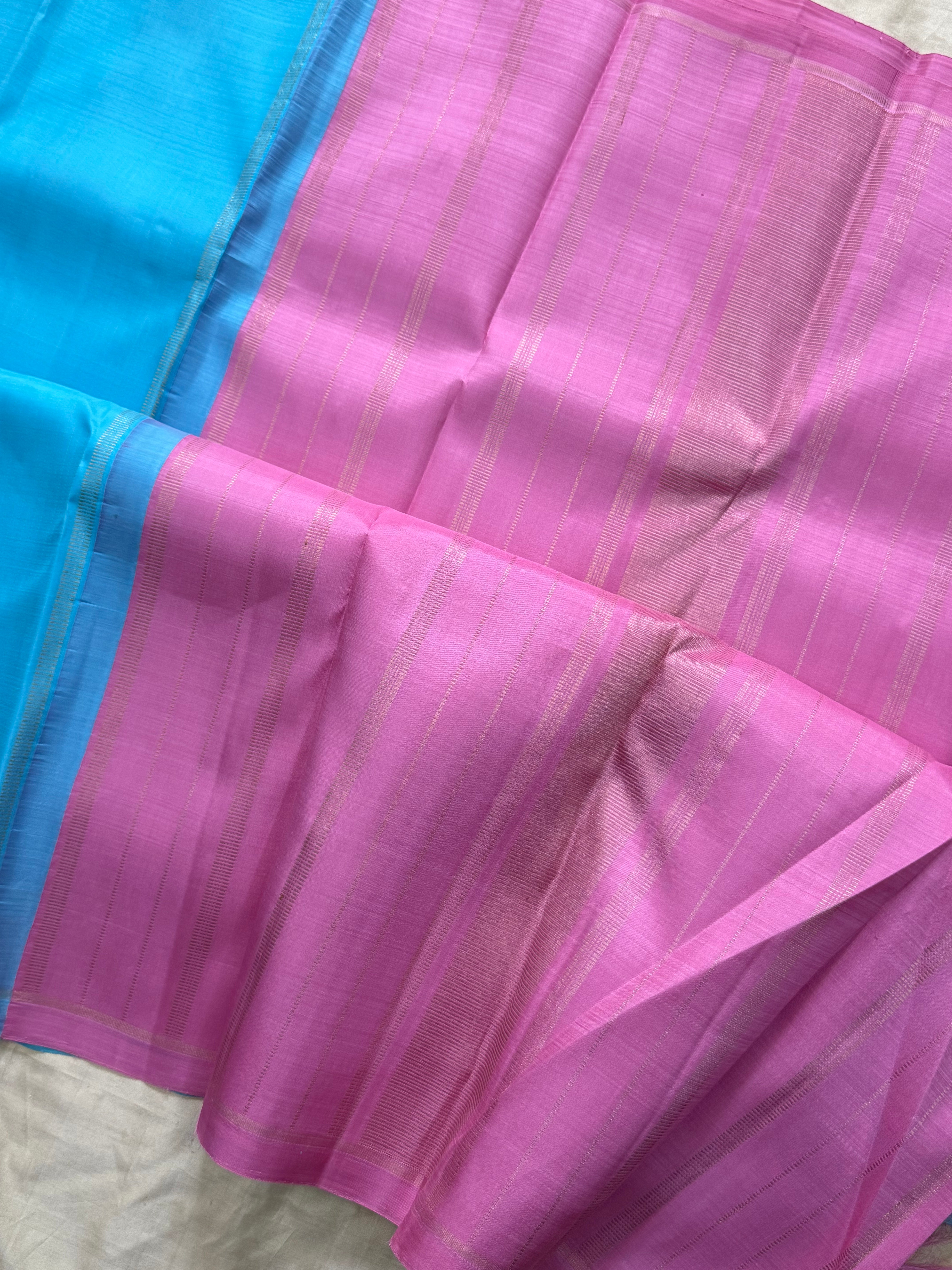LITE ANANDHA BLUE AND BODY THREAD LINE BORDER LESS/KANJIPURAM SILK SAREE CLSA 9963
