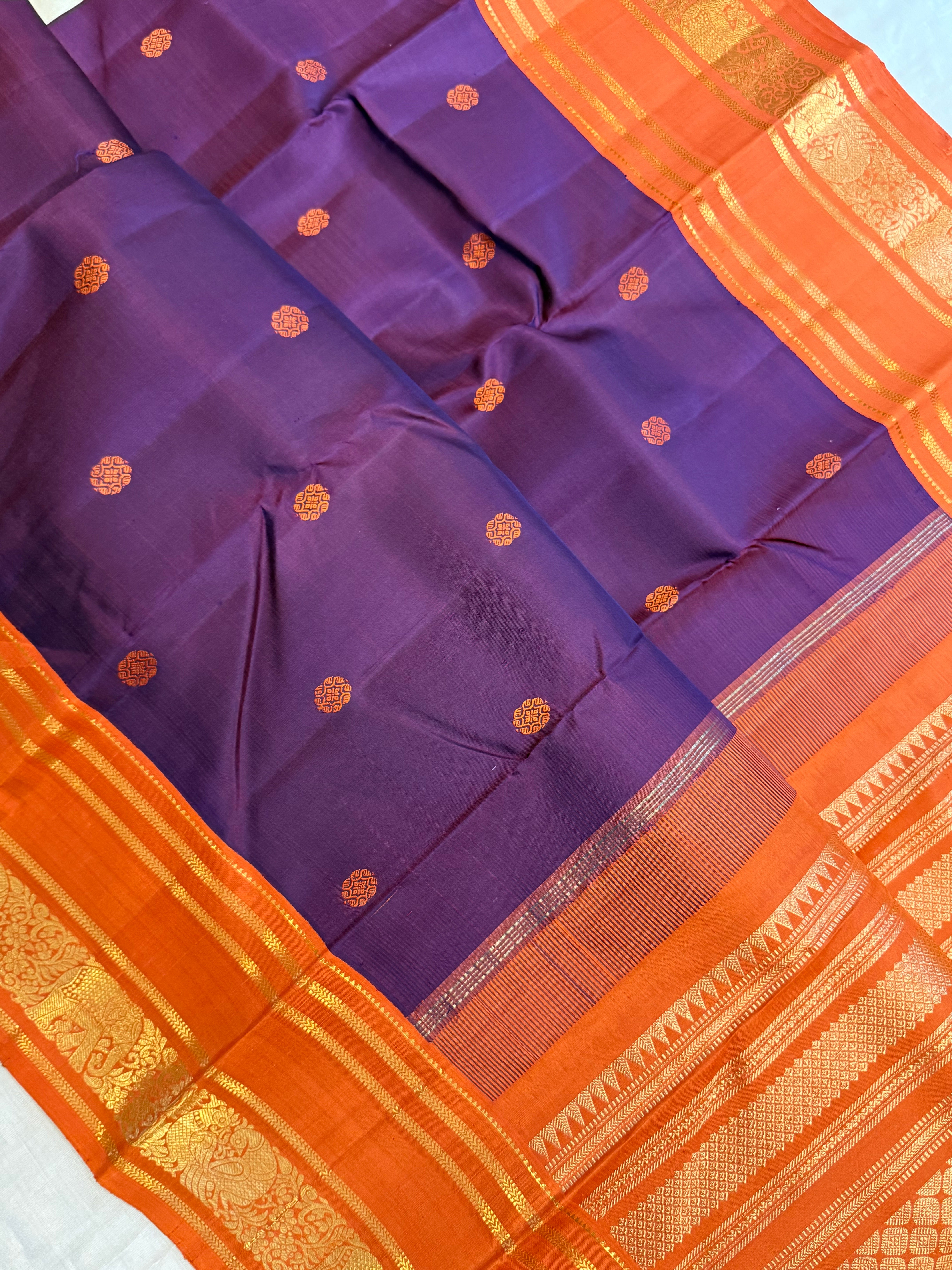 Deep purple and orange thread butta/ Arani silk