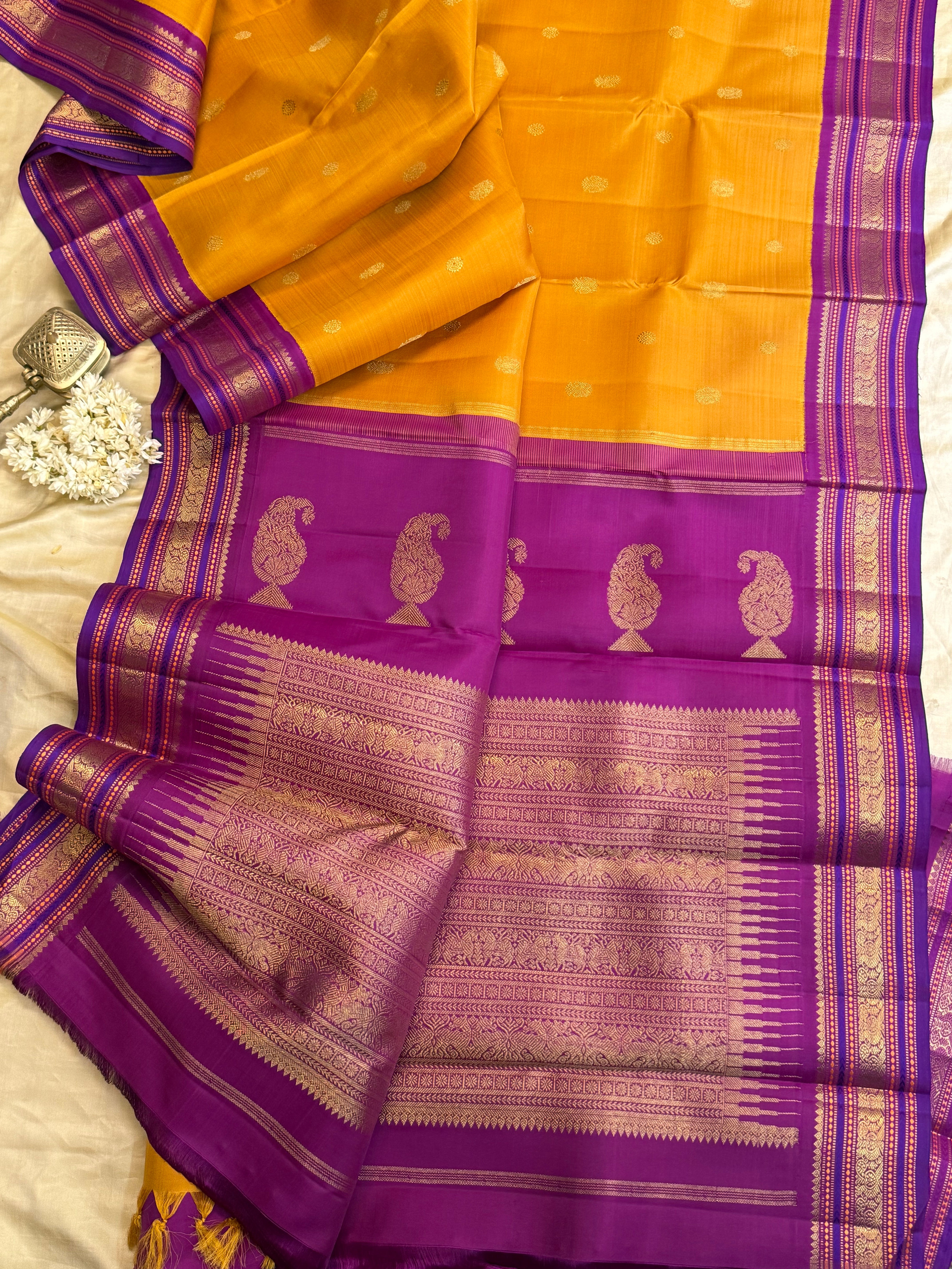 Mustard yellow and purple kai korvai/ Kanjipuram silk