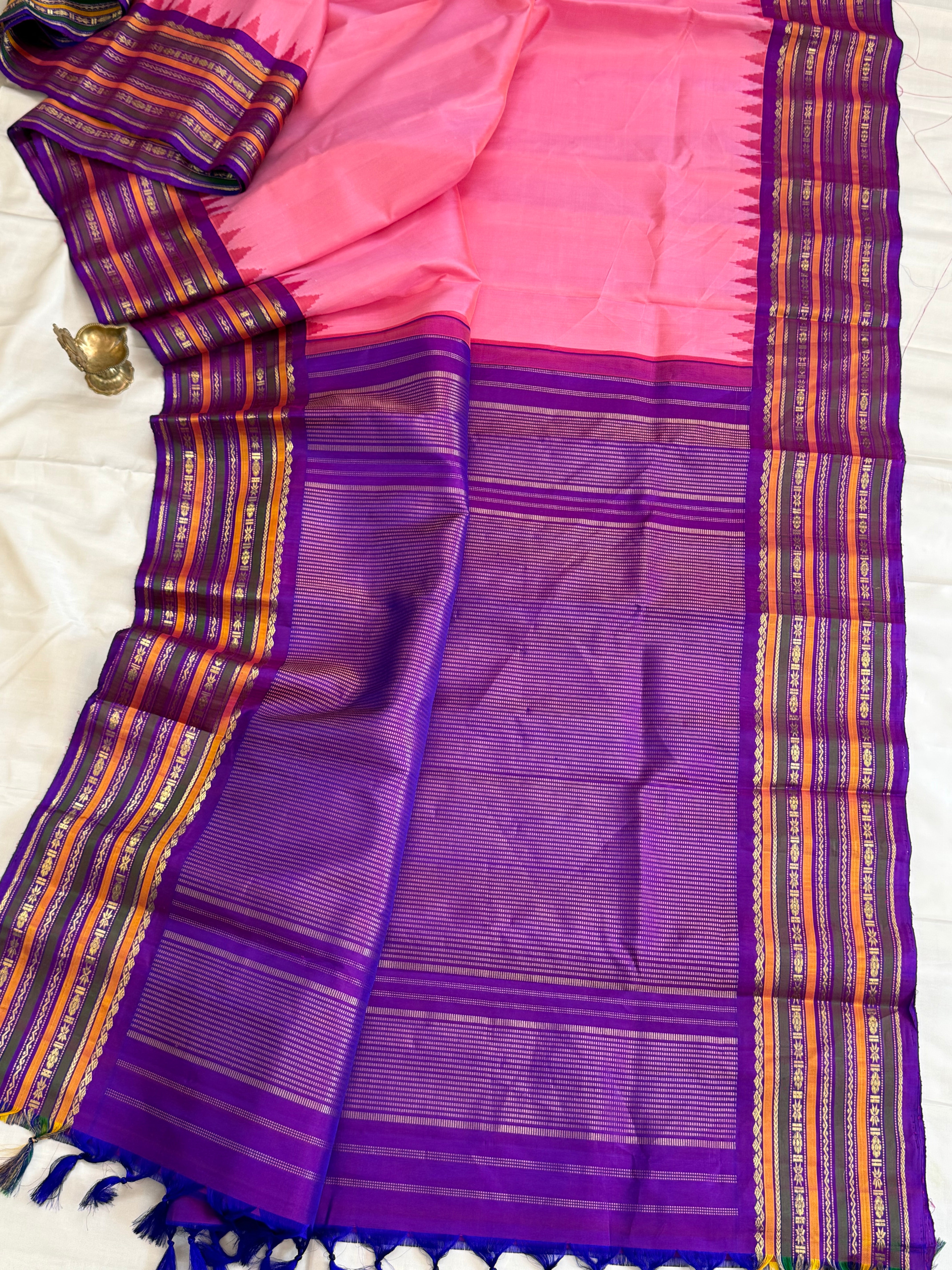 Peach pink with purple temple border/ Gadwal silk CLSA11295