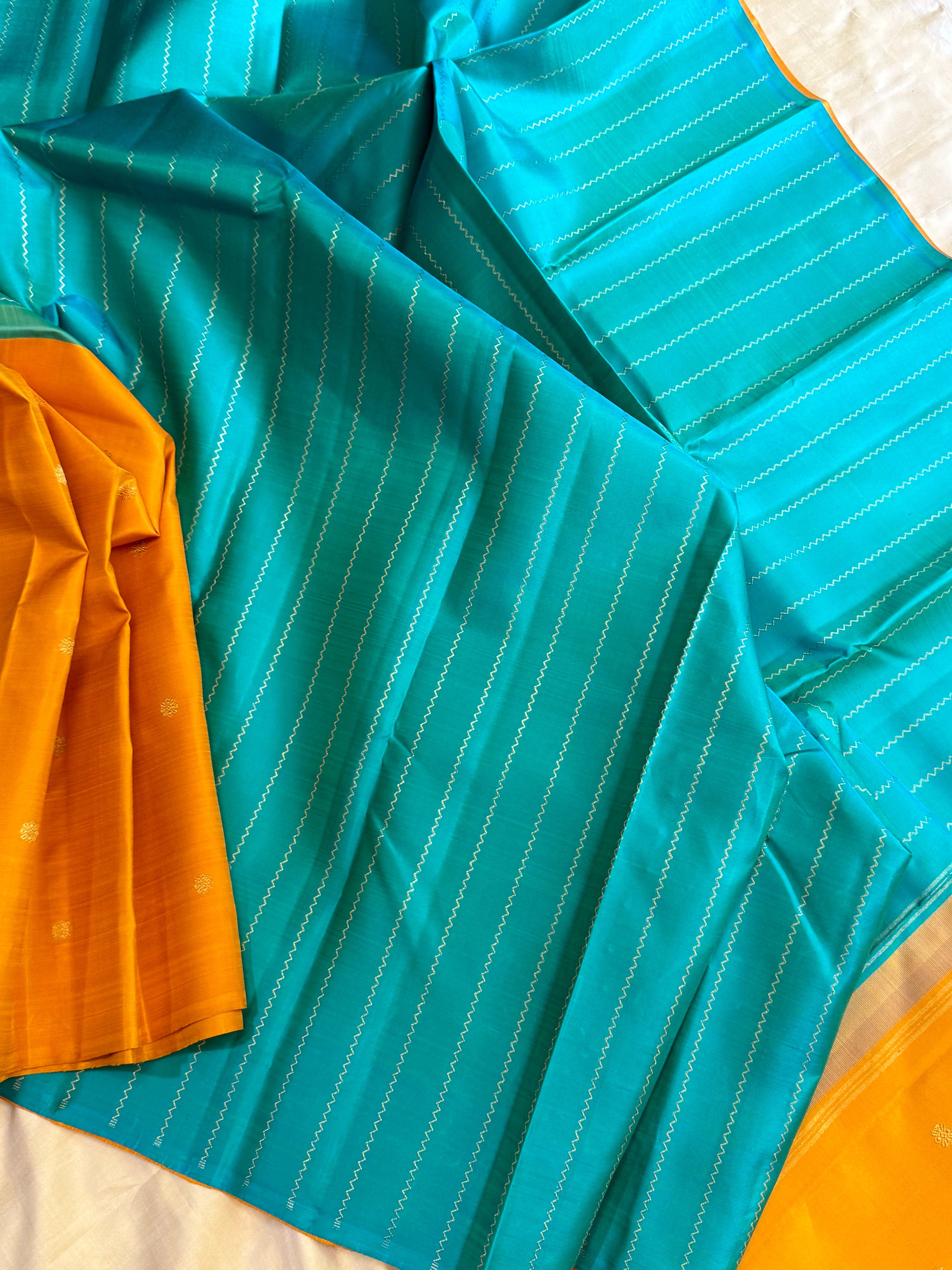 Partly pallu yellow and turquoise blue/ kanjipuram silk