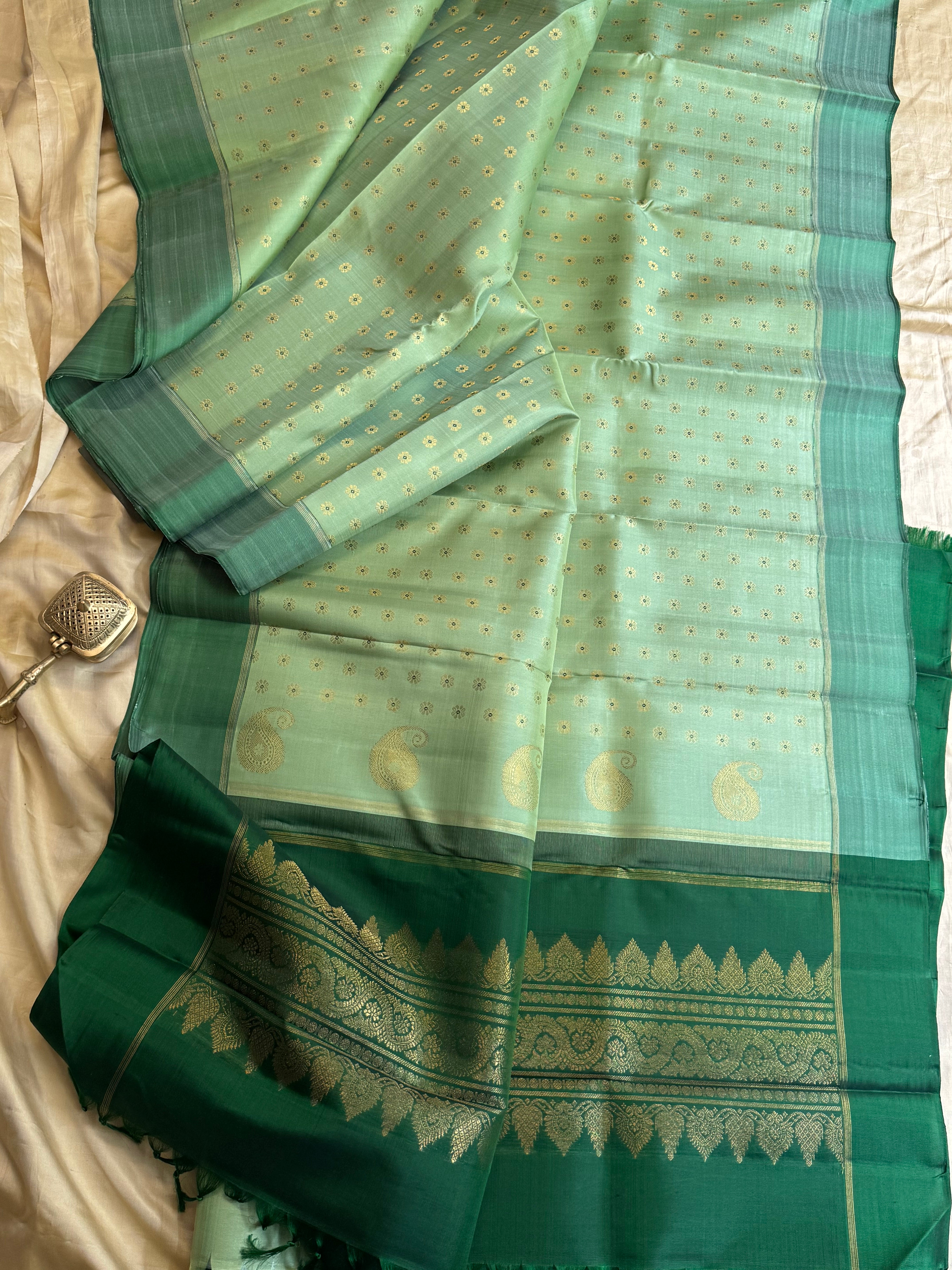 Pista green meenakari Thodar butta / Kanjipuram silk