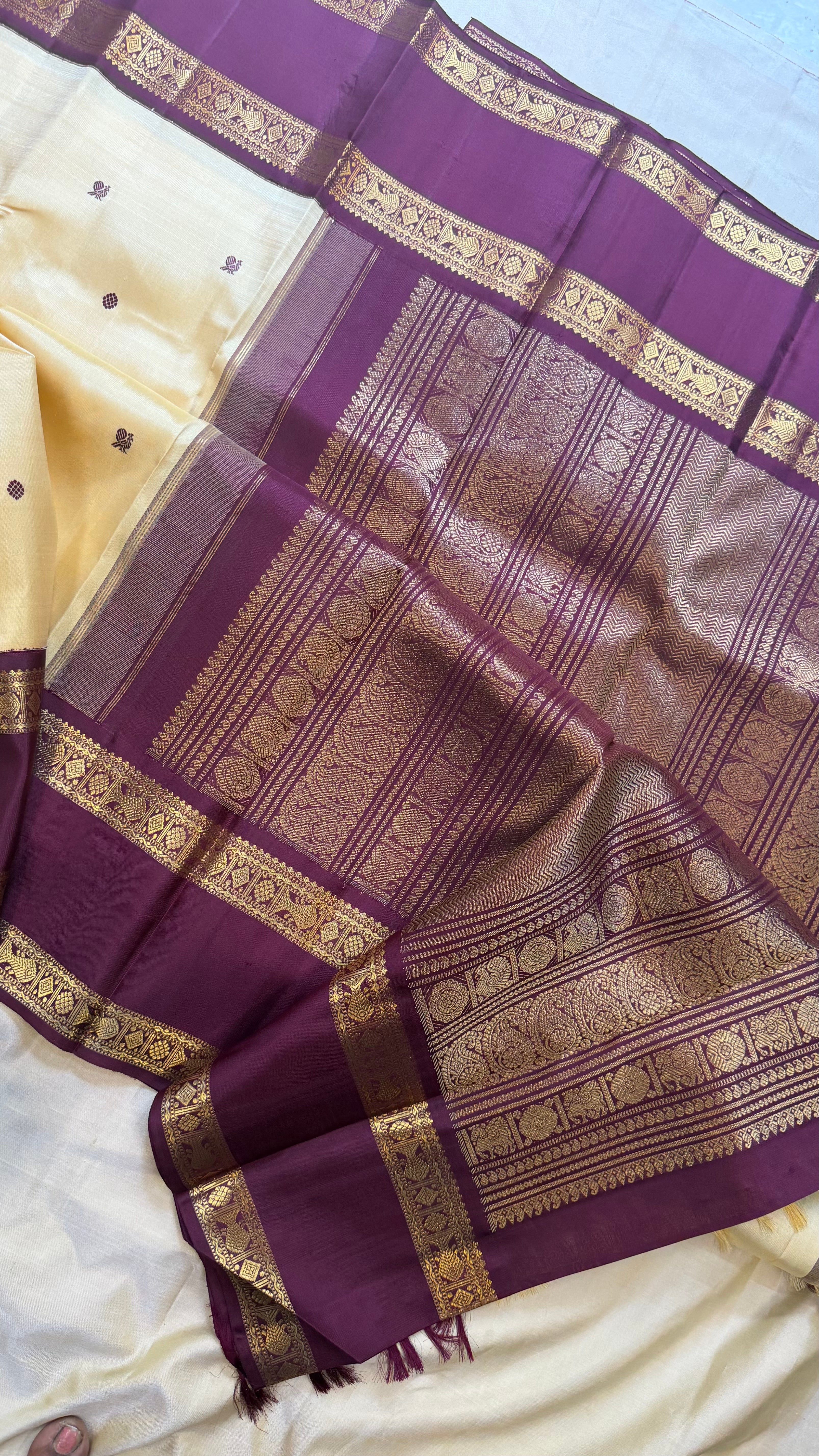 Off sandal and brown rettapet border kai korvai/ kanjipuram silk