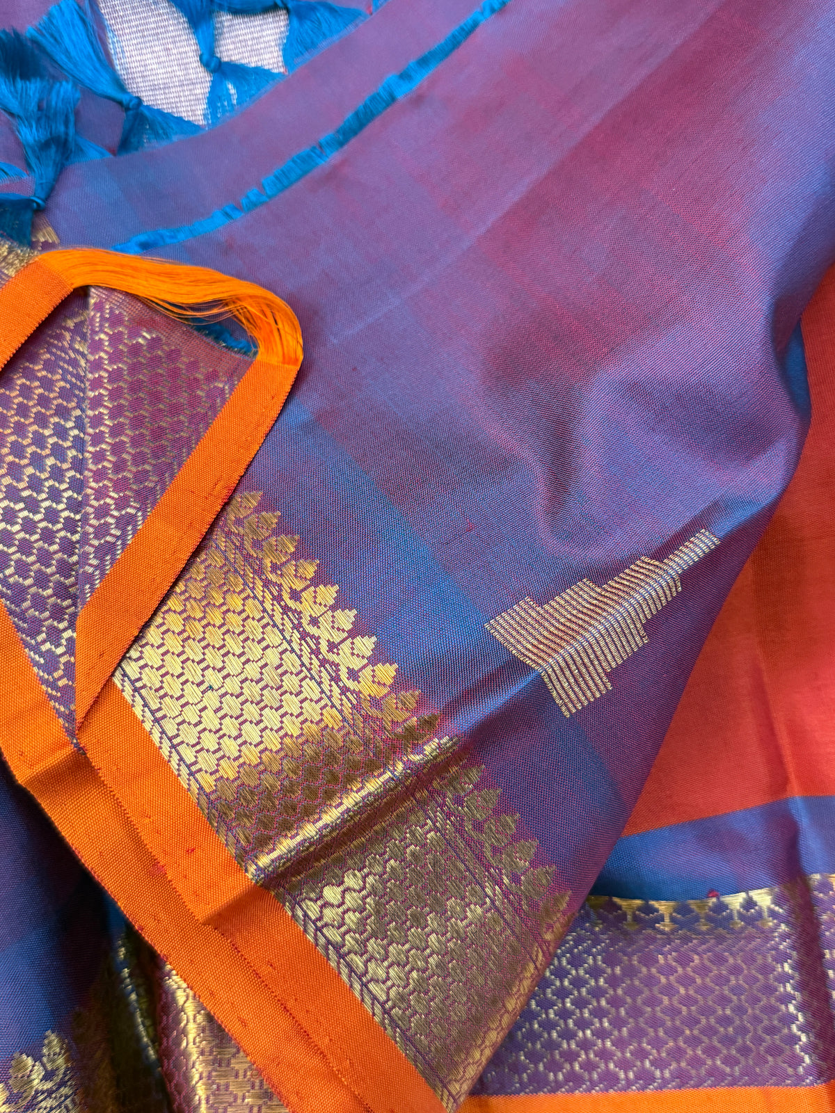 Rust Orange with silver and gold pure Zari butta/ kanjipuram silk saree