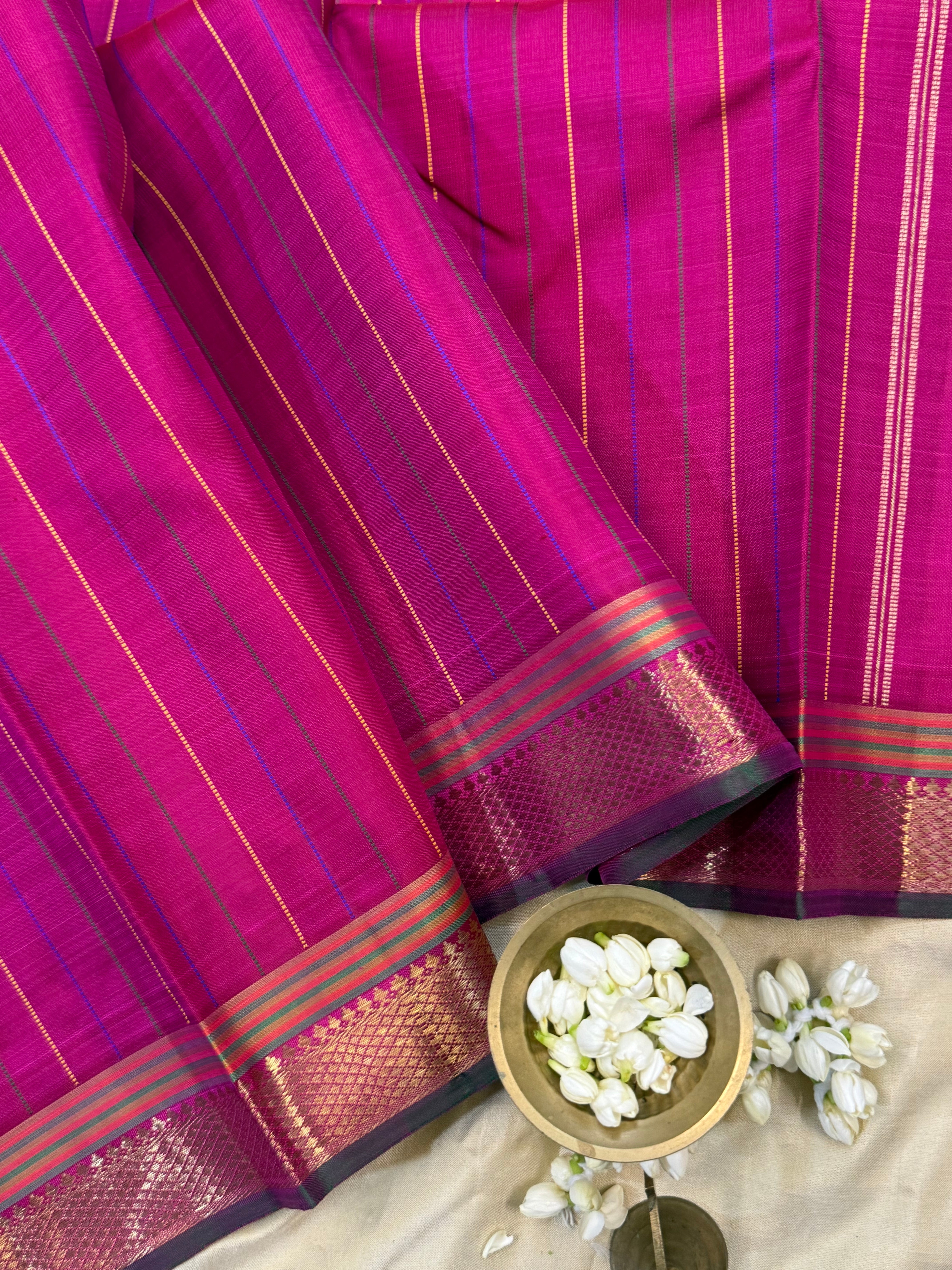 Pink multi colored stripes/ Kanjipuram silk
