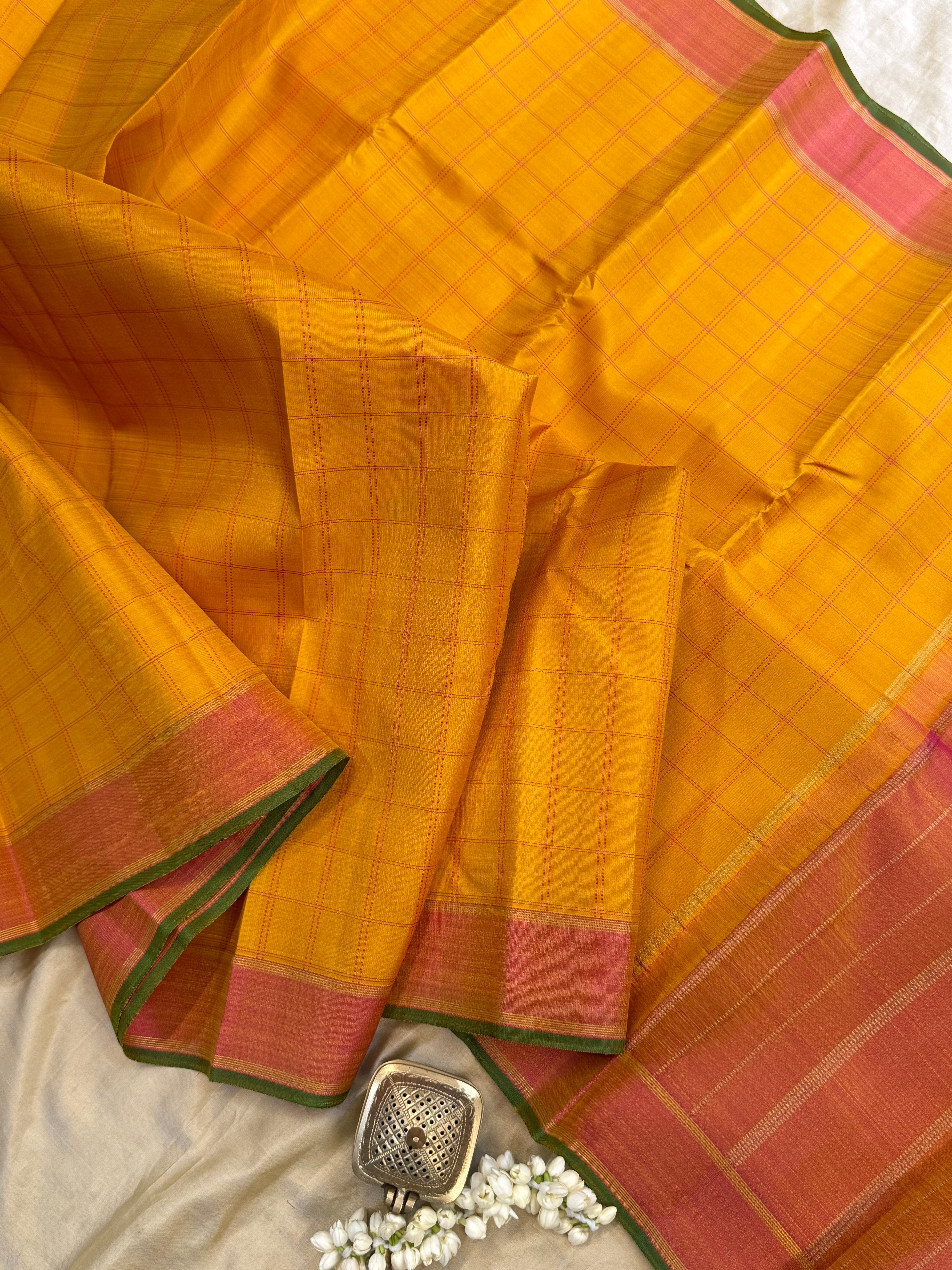 Golden mustard yellow - pink checks/ Kanjipuram silk CL9800