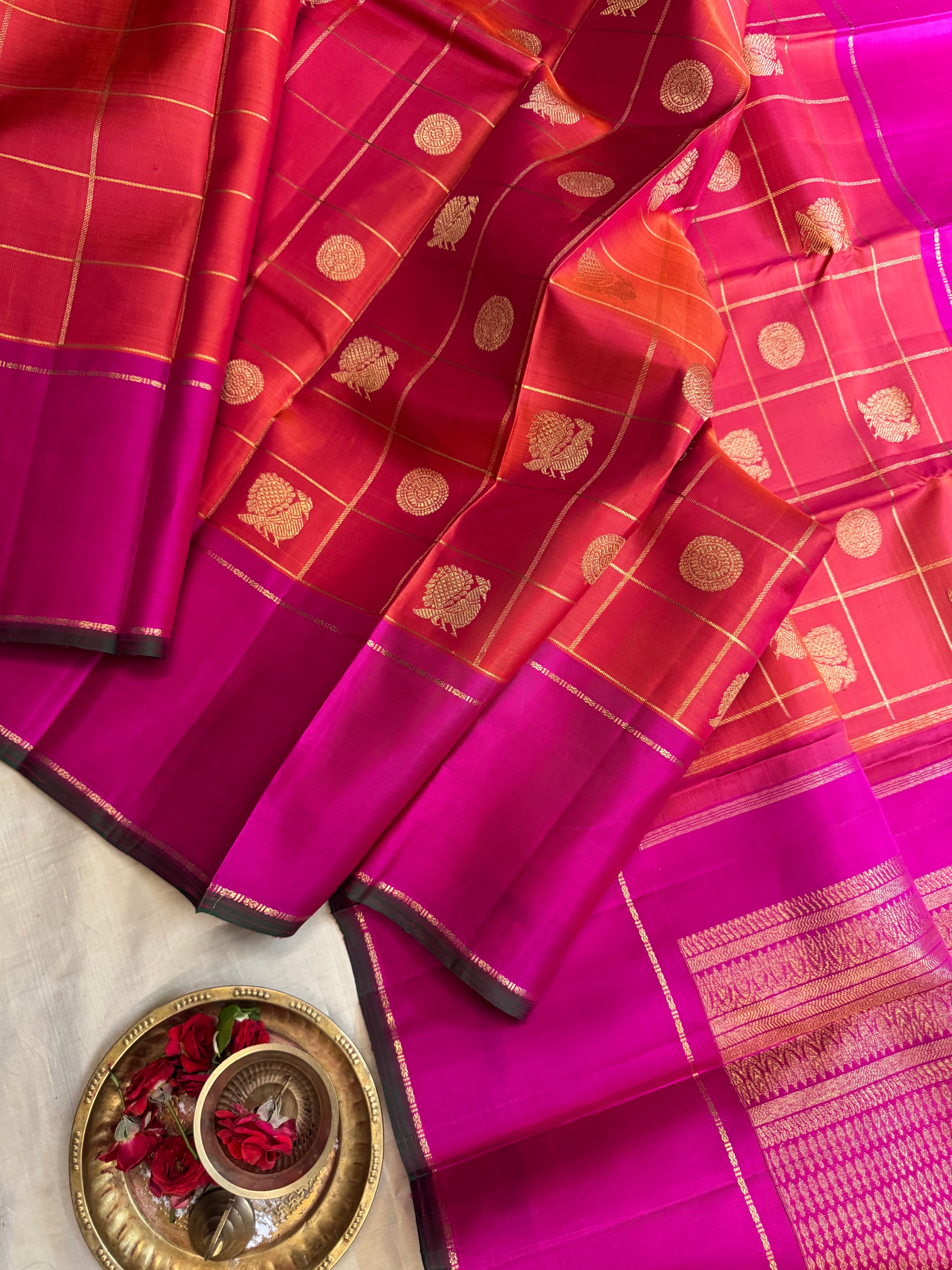 Rustic orange with pink border. / Bridal edit kanjipuram silk