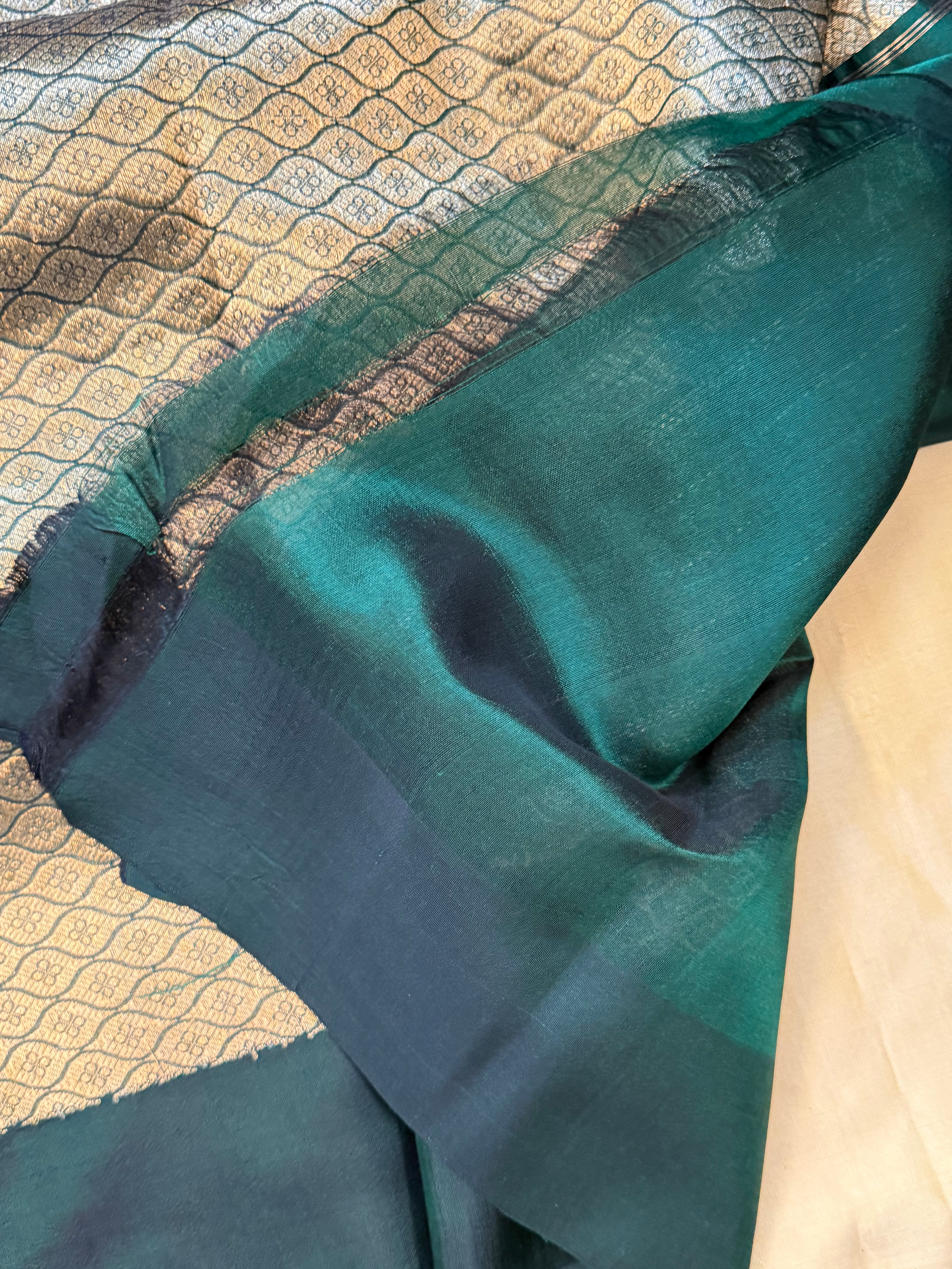 Dark bottle green meenakari hazar / revival Chanderi silk